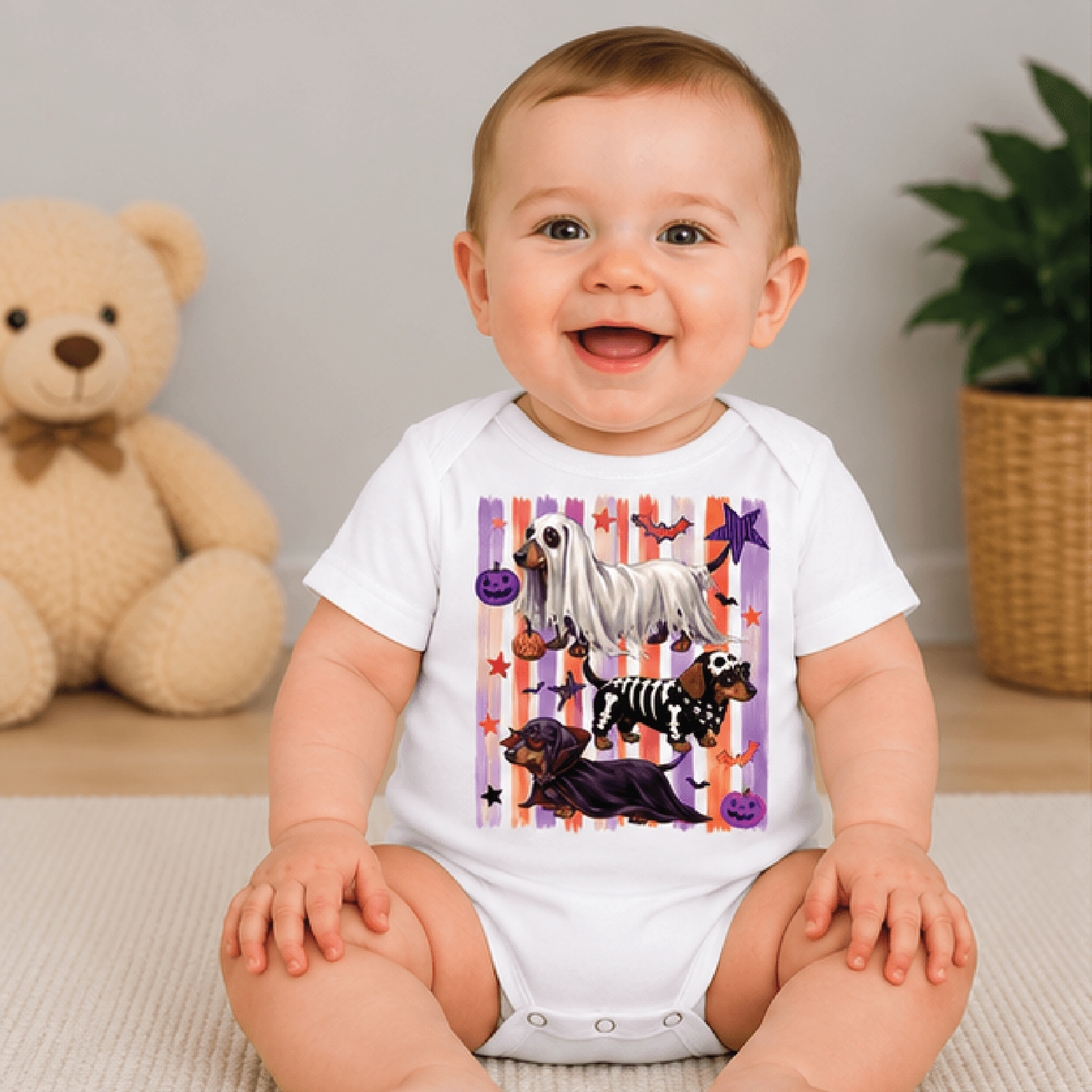 striped halloween dachshund kids t-shirt, ghost skeleton vampire wiener dog toddler tee, spooky doxie baby romper