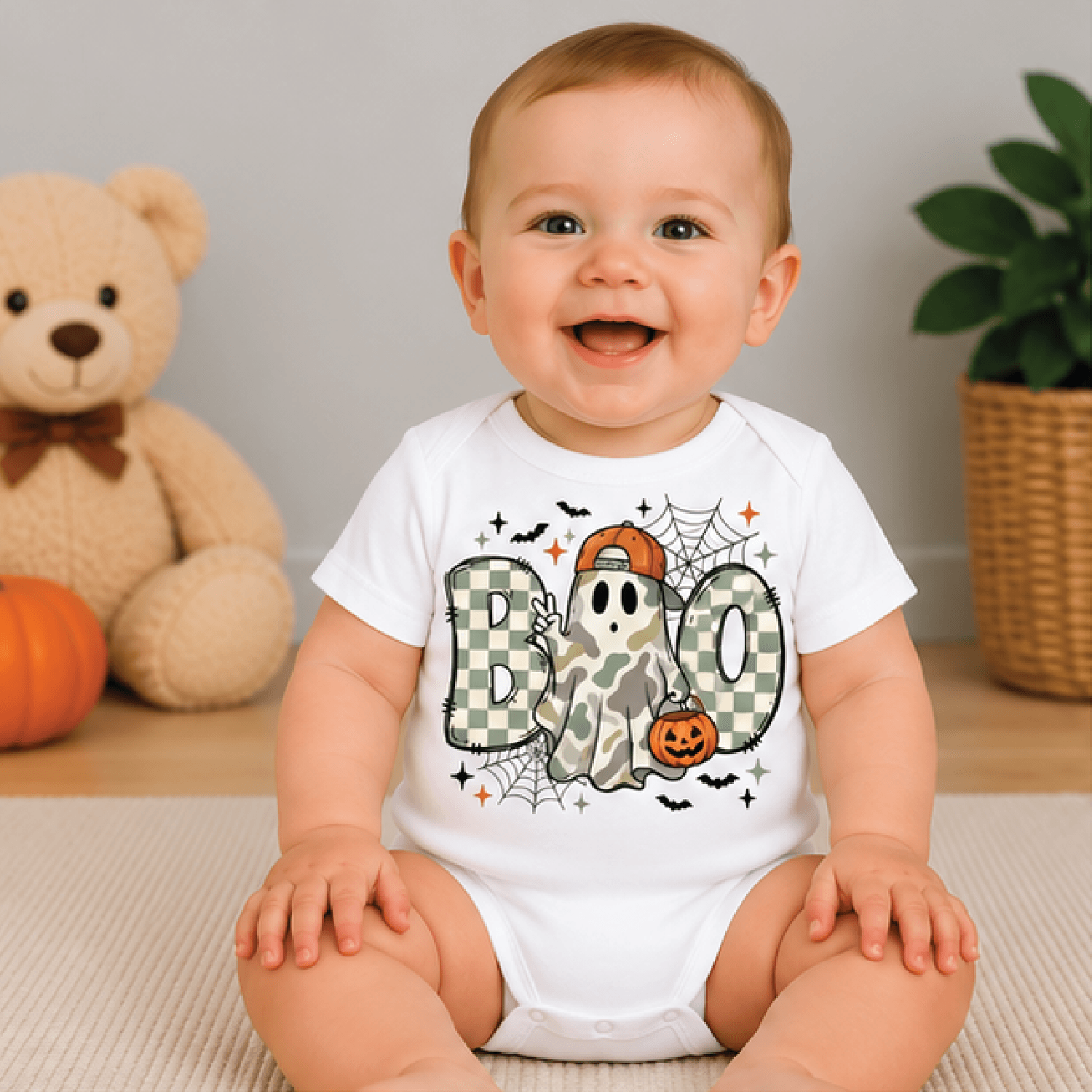 camo ghost boo halloween kids t-shirt, ghost pumpkin camouflage toddler tee, spooky boys shirt, halloween baby romper