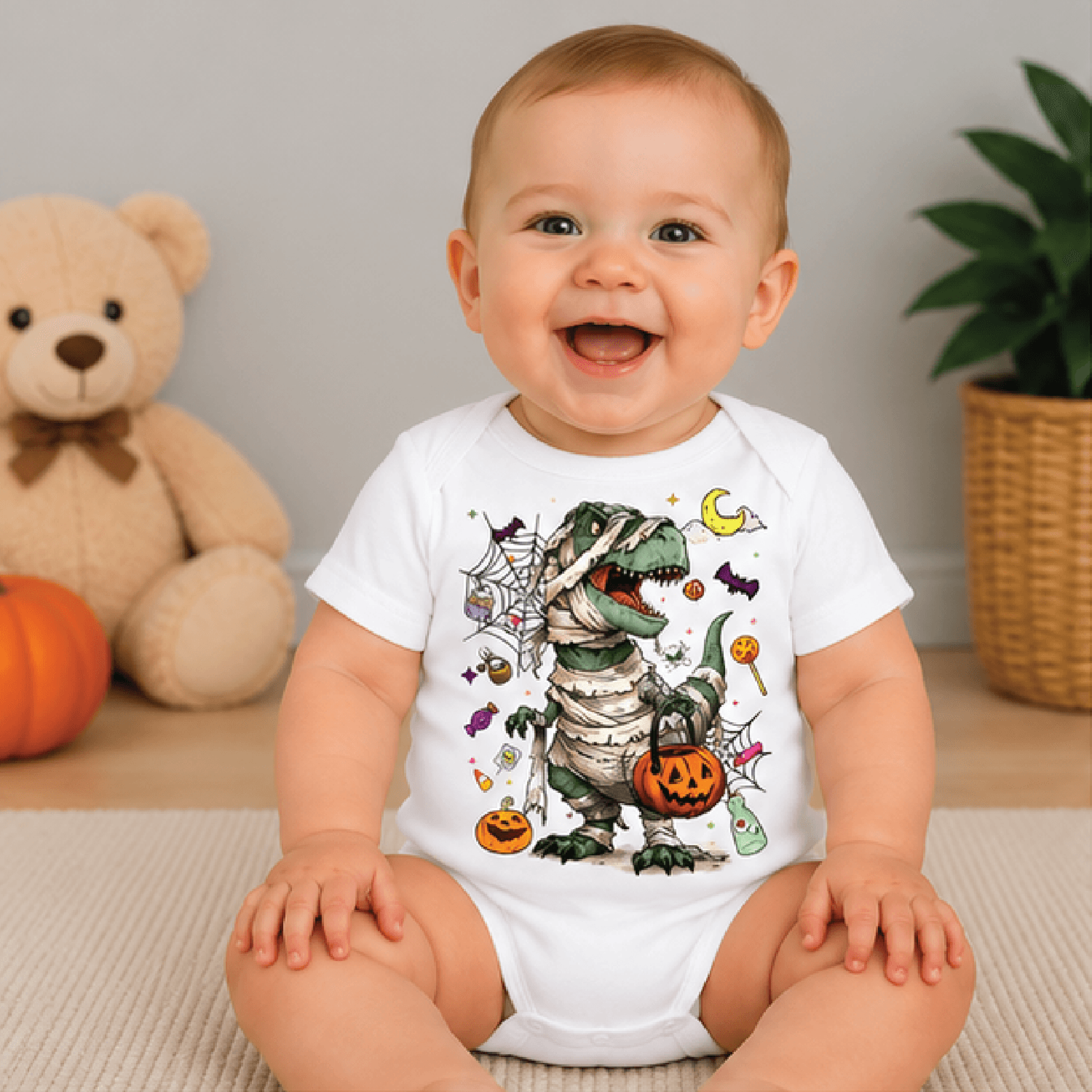 mummy dinosaur halloween kids t-shirt, t rex pumpkin toddler tee, spooky dino trick or treat shirt, baby romper
