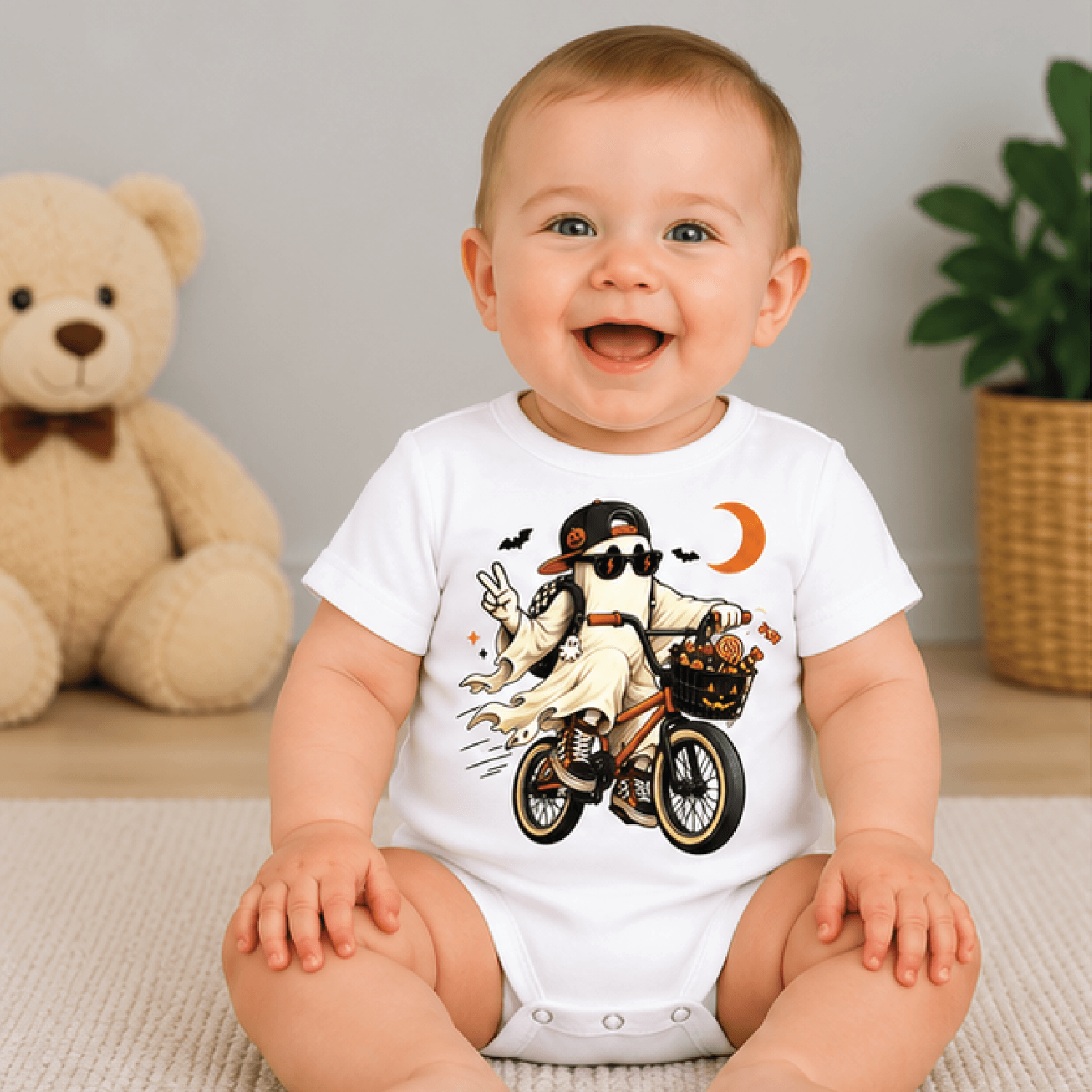 ghost riding bicycle halloween kids t-shirt, spooky bike toddler tee, cute cycling ghost shirt, halloween baby romper