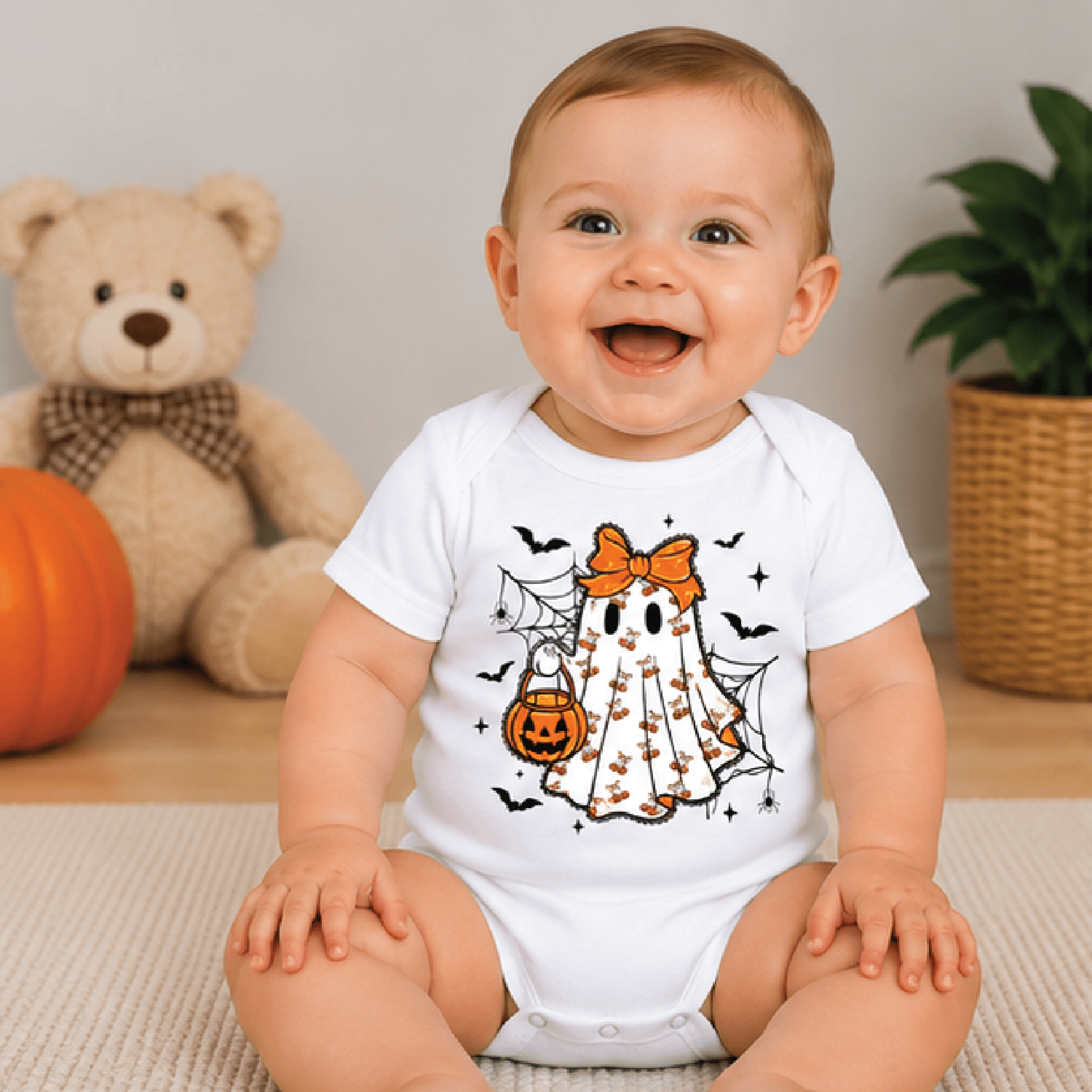coquette halloween ghost kids t-shirt, pink bow ghost toddler tee, cute girly spooky shirt, halloween baby romper