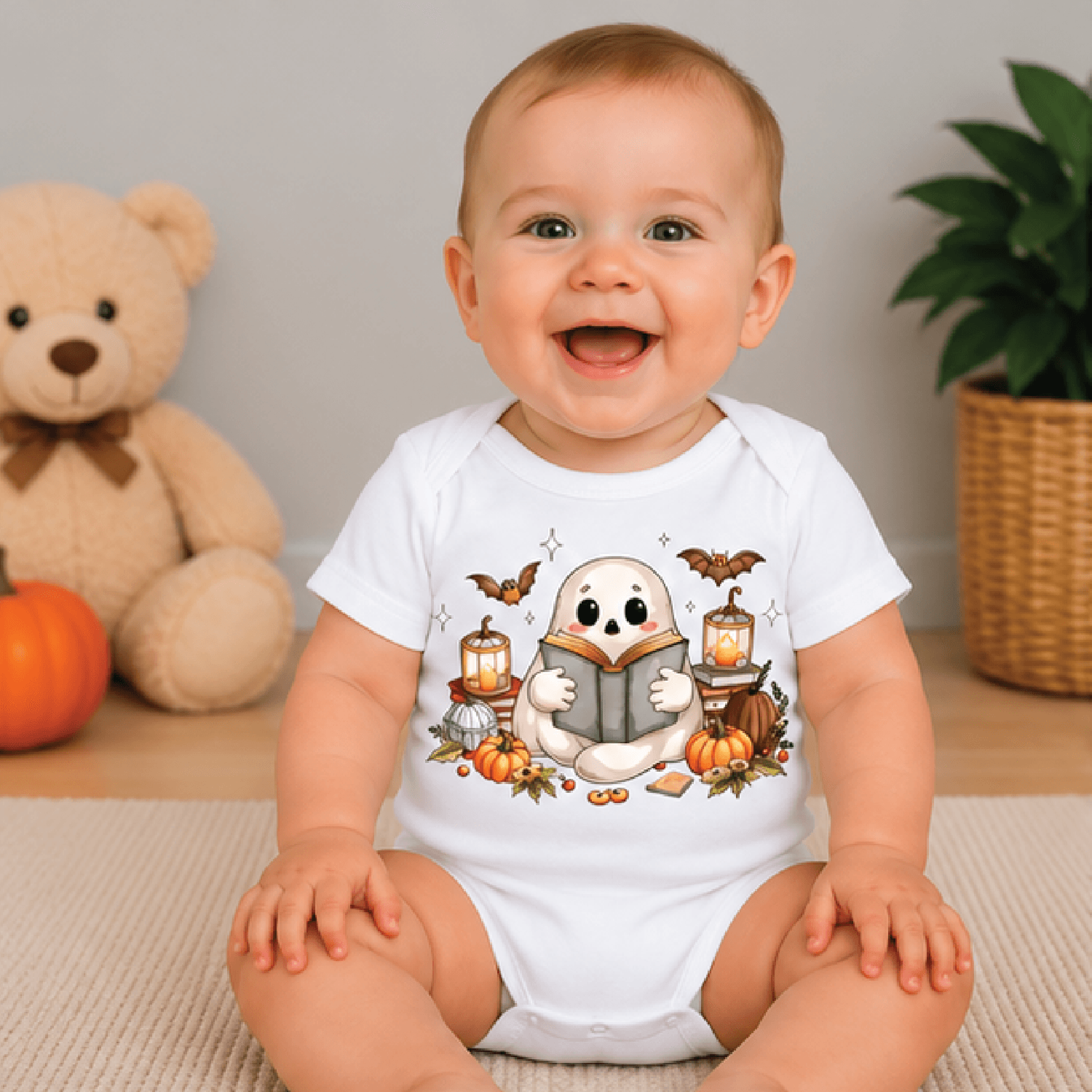 ghost reading book halloween kids t-shirt, book lover ghost toddler tee, cute spooky reader shirt, halloween baby romper