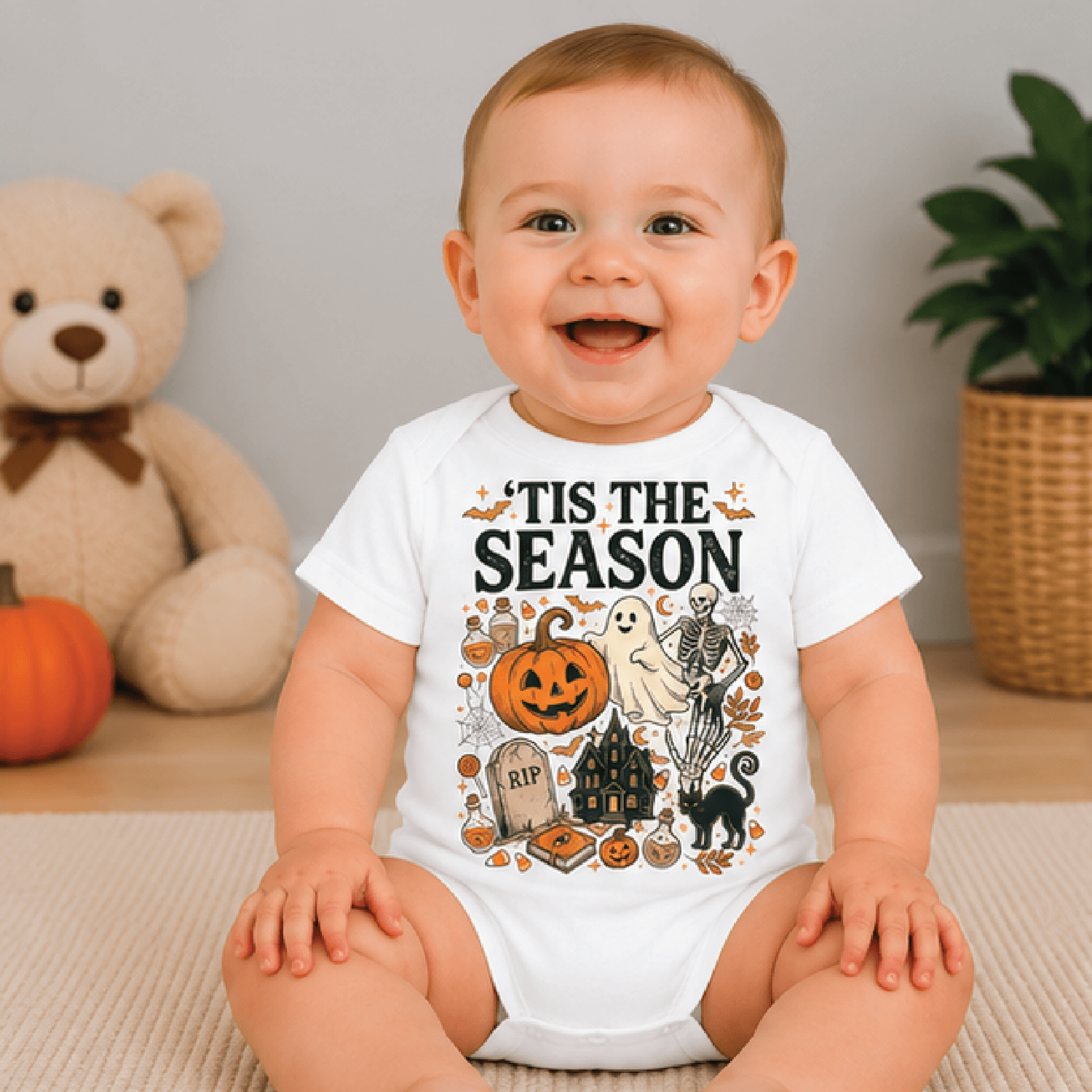 tis the season halloween kids t-shirt, ghost pumpkin skeleton toddler tee, retro spooky shirt, halloween baby romper