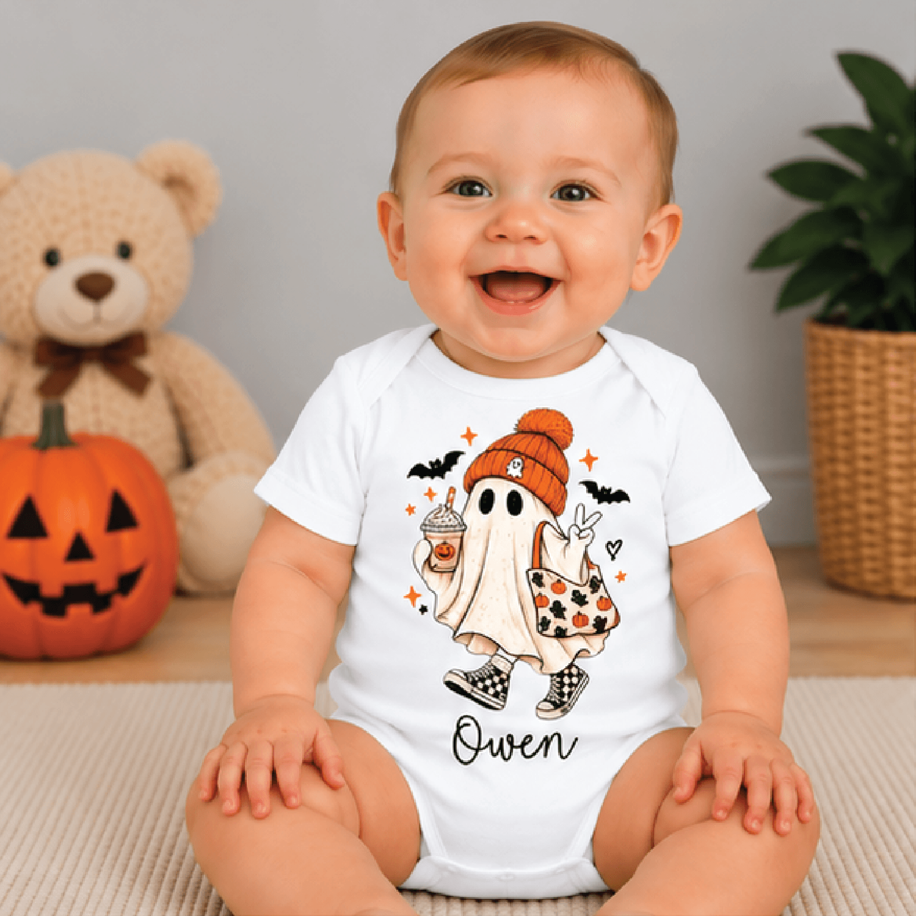 personalized ghost halloween kids t-shirt, custom name pumpkin ghost toddler tee, cute spooky baby romper, fall gift