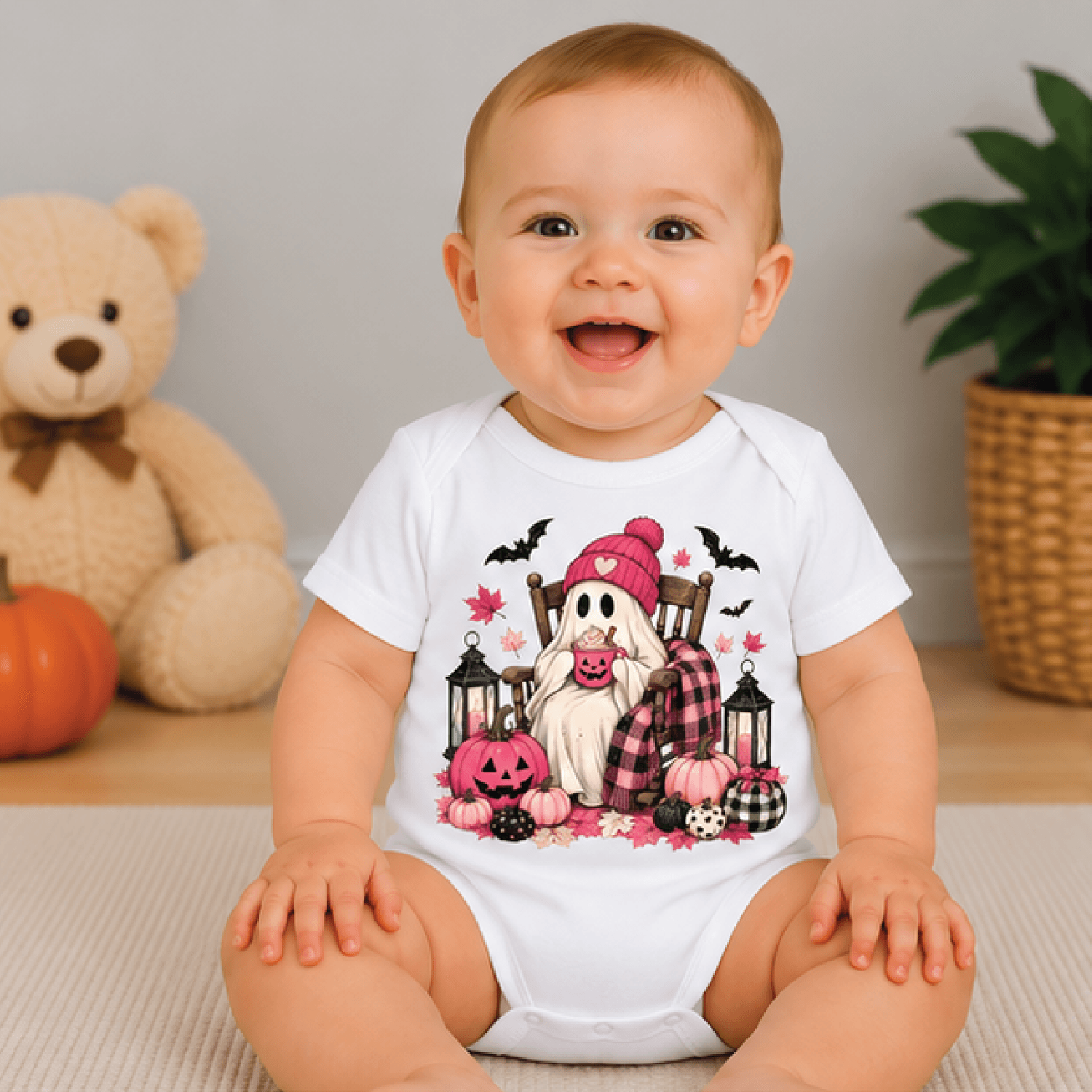 pink ghost pumpkin halloween kids t-shirt, cozy ghost toddler tee, girly spooky fall shirt, cute halloween baby romper