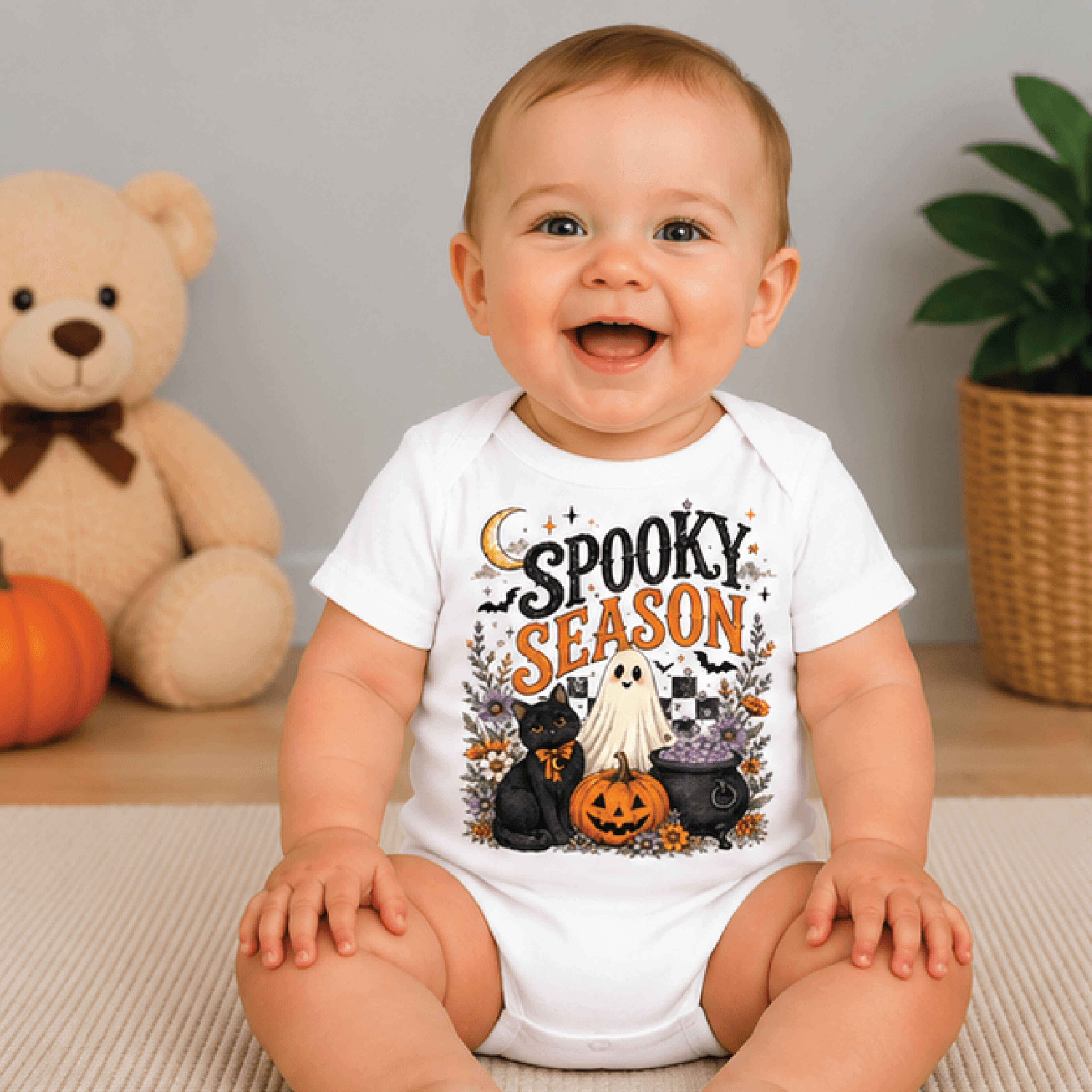 retro spooky season kids t-shirt, black cat ghost pumpkin toddler tee, vintage halloween shirt, cute baby romper