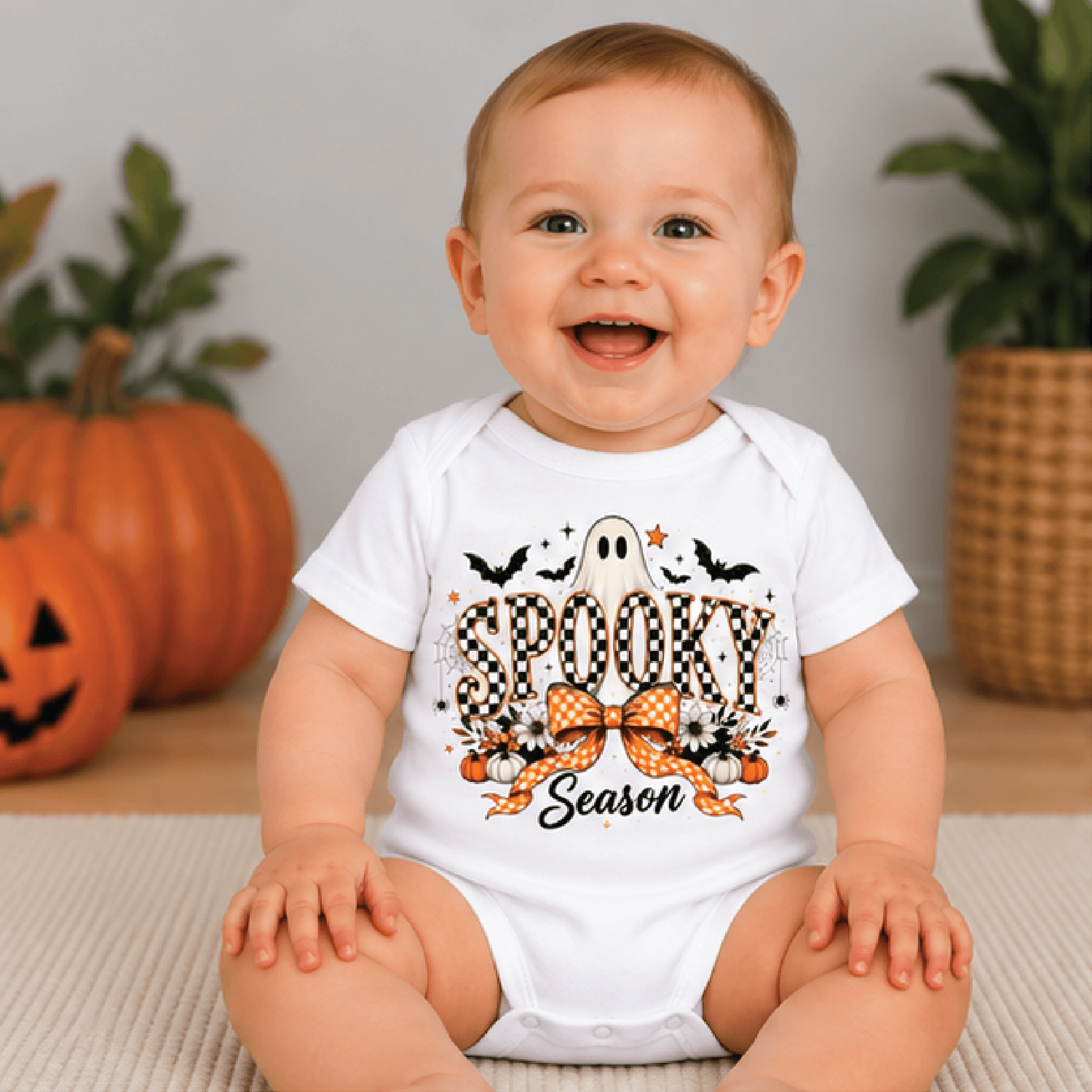 checkered spooky season kids t-shirt, ghost pumpkin halloween toddler tee, retro checkered shirt, cute baby romper