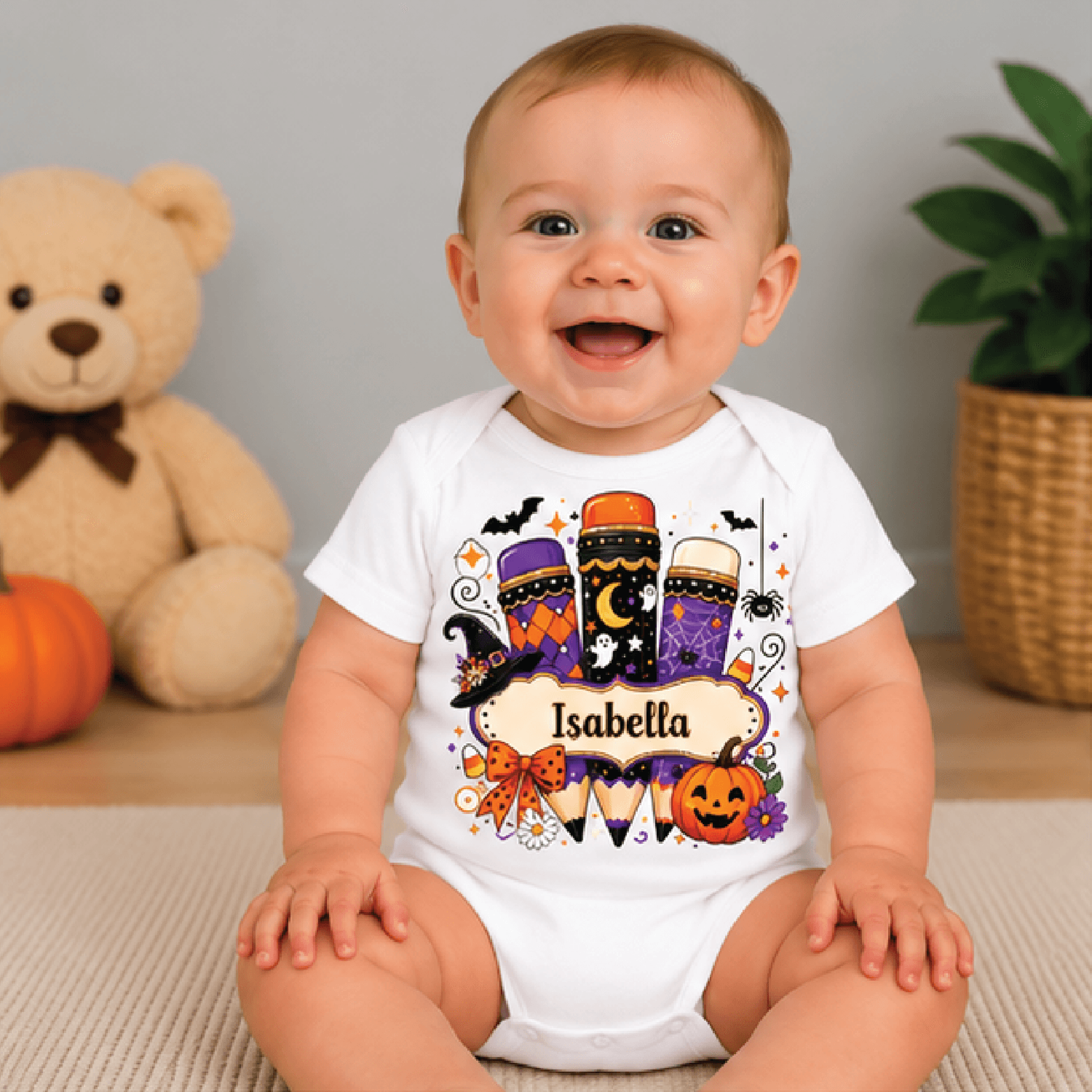 personalized halloween pencil kids t-shirt, custom name spooky pencil toddler tee, school halloween shirt, baby romper