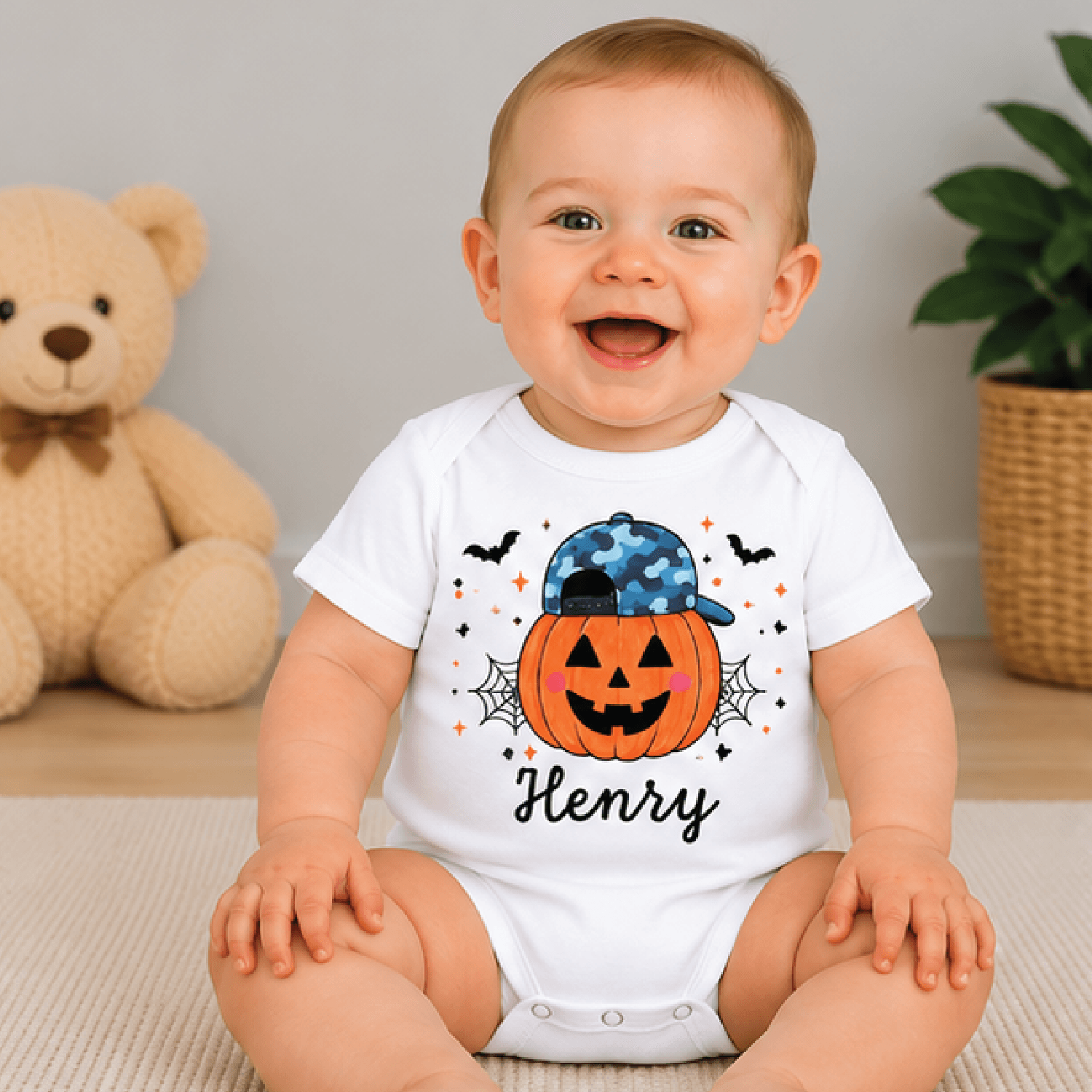 personalized halloween pumpkin kids t-shirt, custom name jack o lantern toddler tee, spooky fall shirt, baby romper