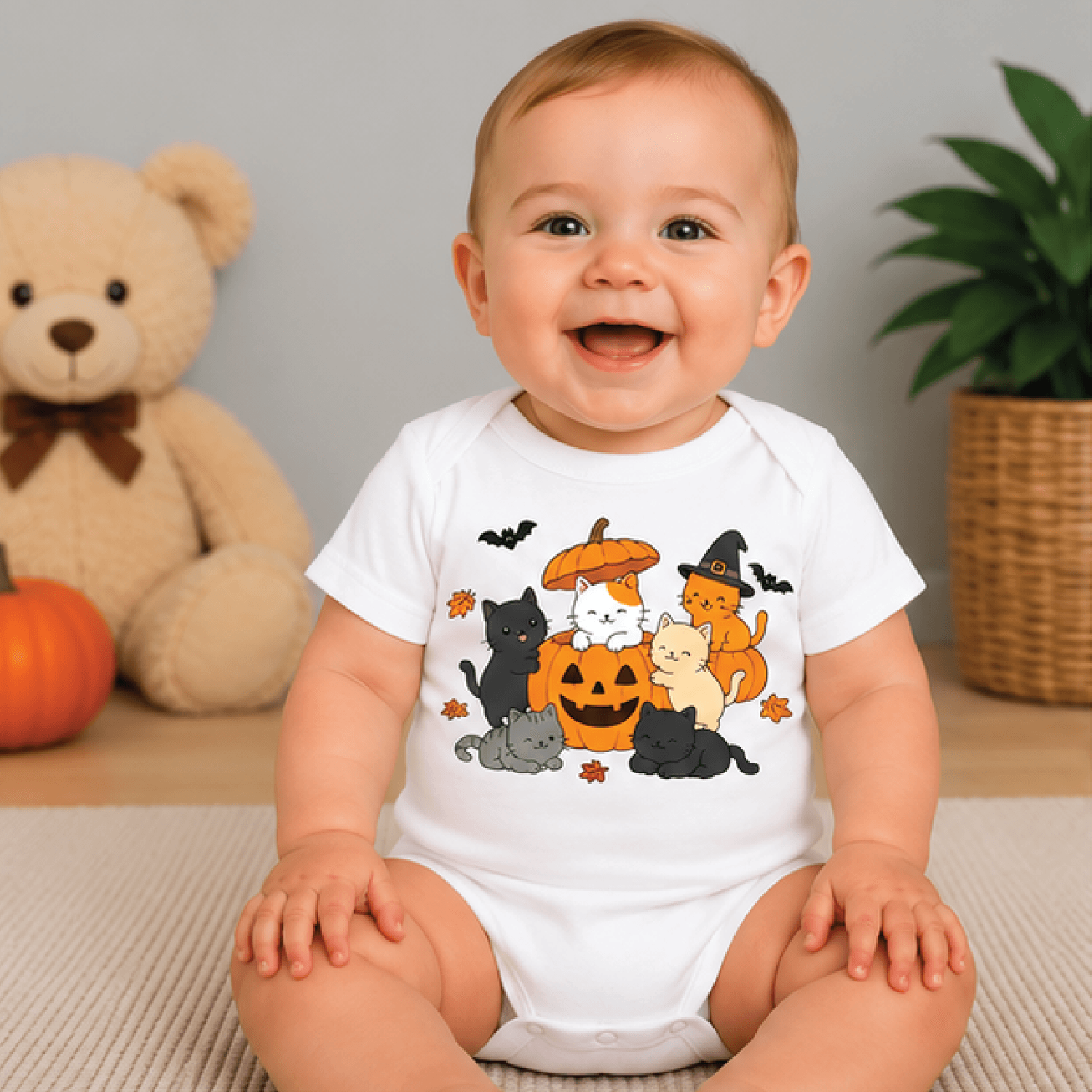 halloween cats kids t-shirt, black cat pumpkin toddler tee, cute spooky kitty shirt, halloween baby romper