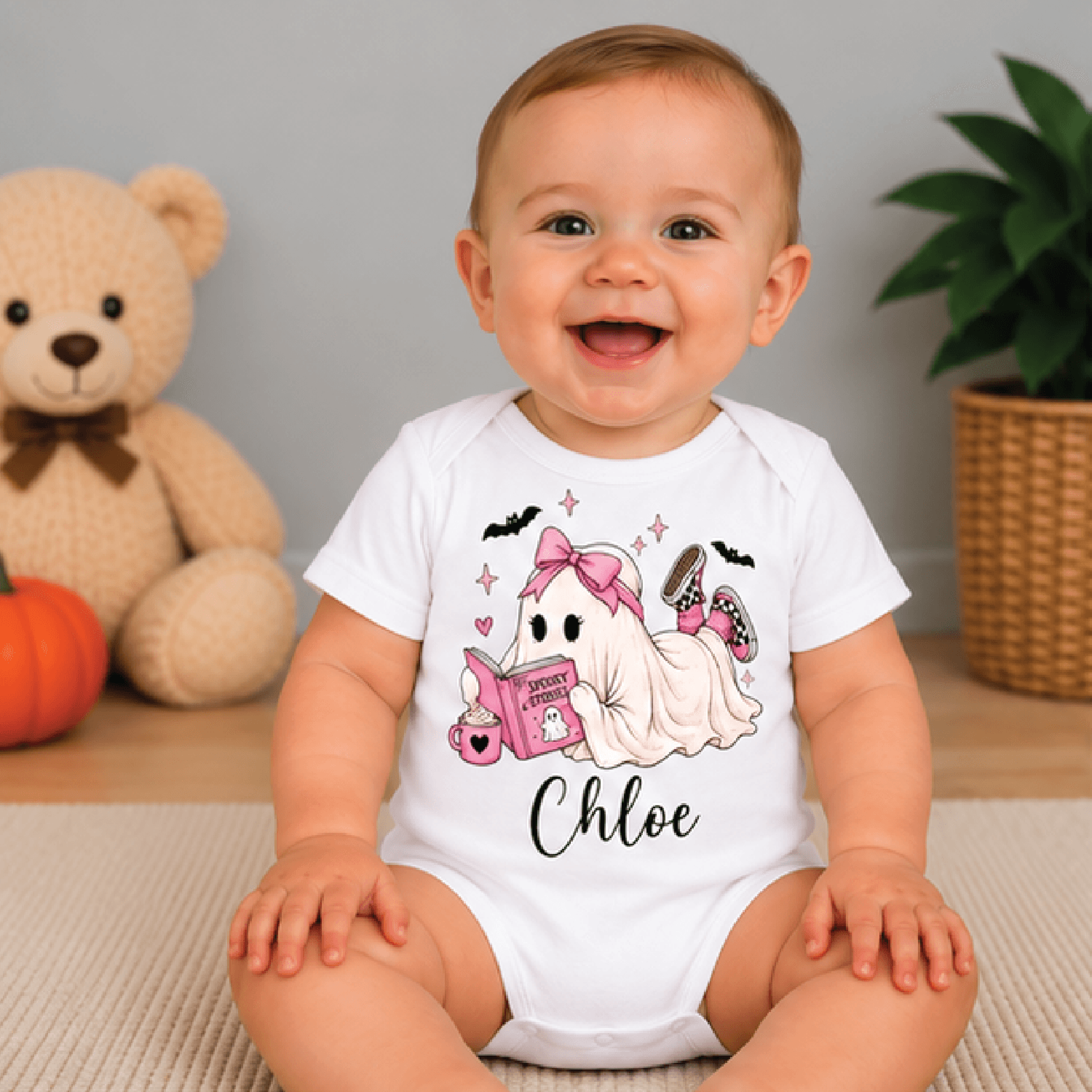 personalized reading ghost kids t-shirt, custom name coquette book lover toddler tee, girls halloween baby romper
