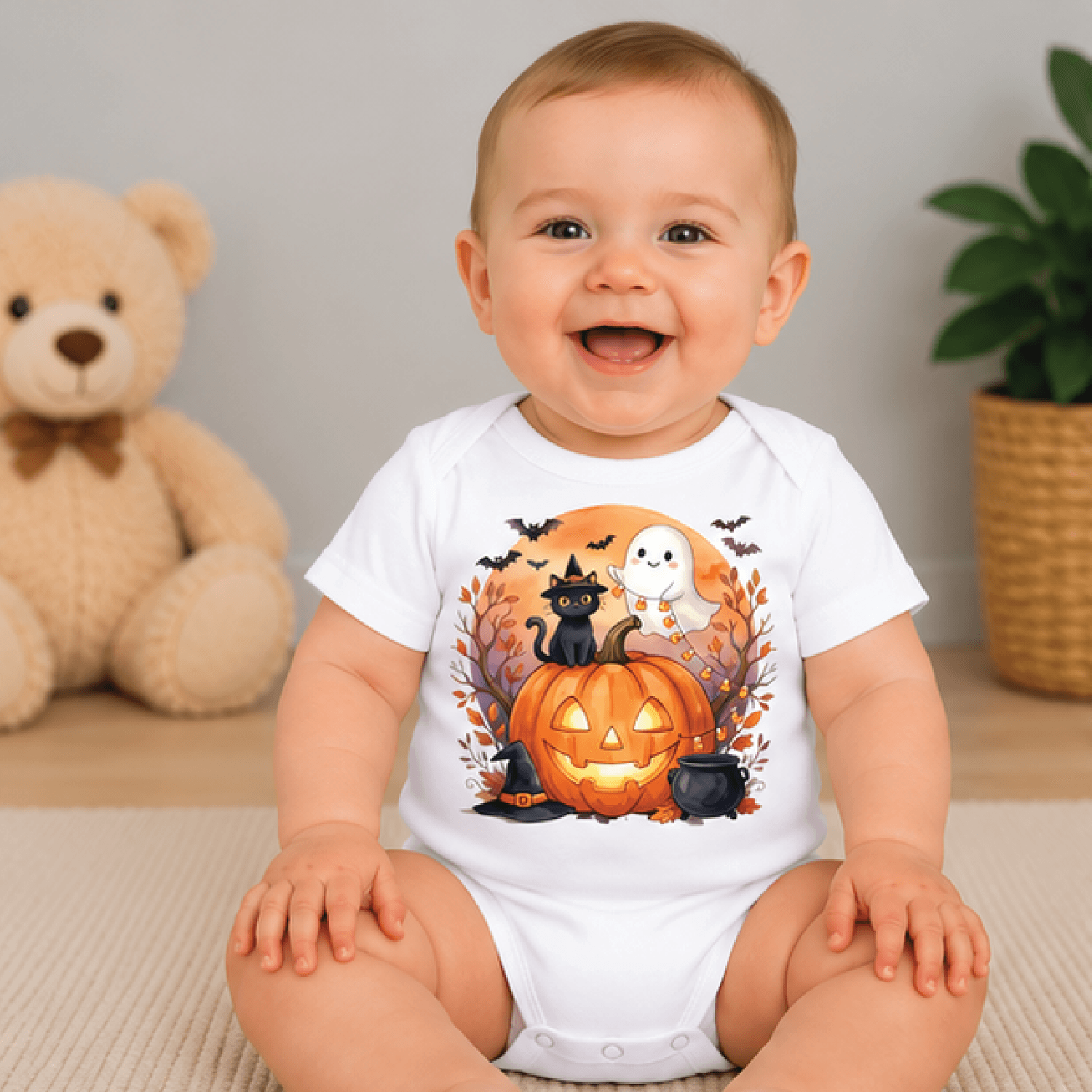 ghost and black cat halloween kids t-shirt, pumpkin witch toddler tee, cute spooky cat shirt, halloween baby romper
