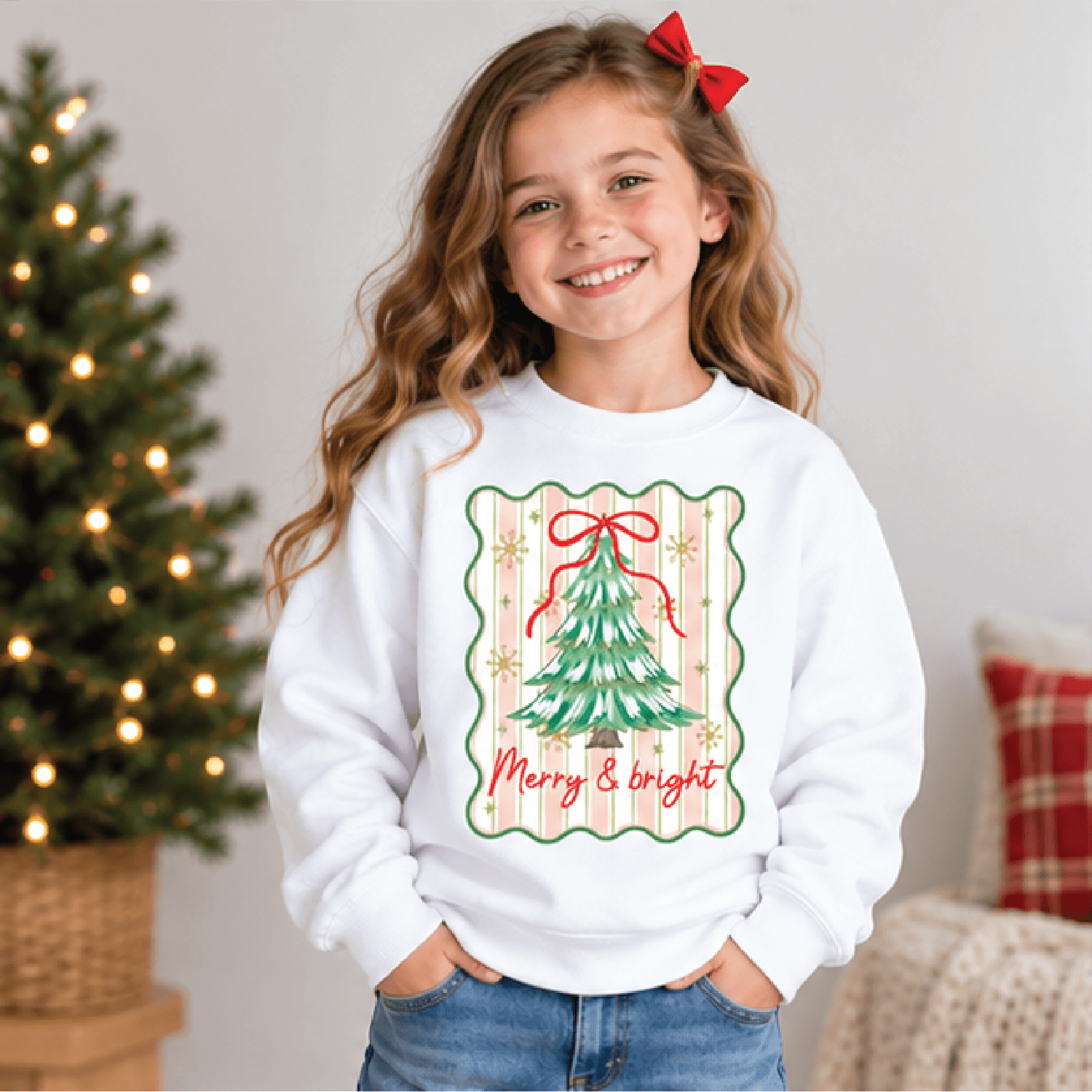 merry bright girl christmas sweatshirt, cute kids holiday sweater, retro girly christmas sweatshirt, xmas gift for girls