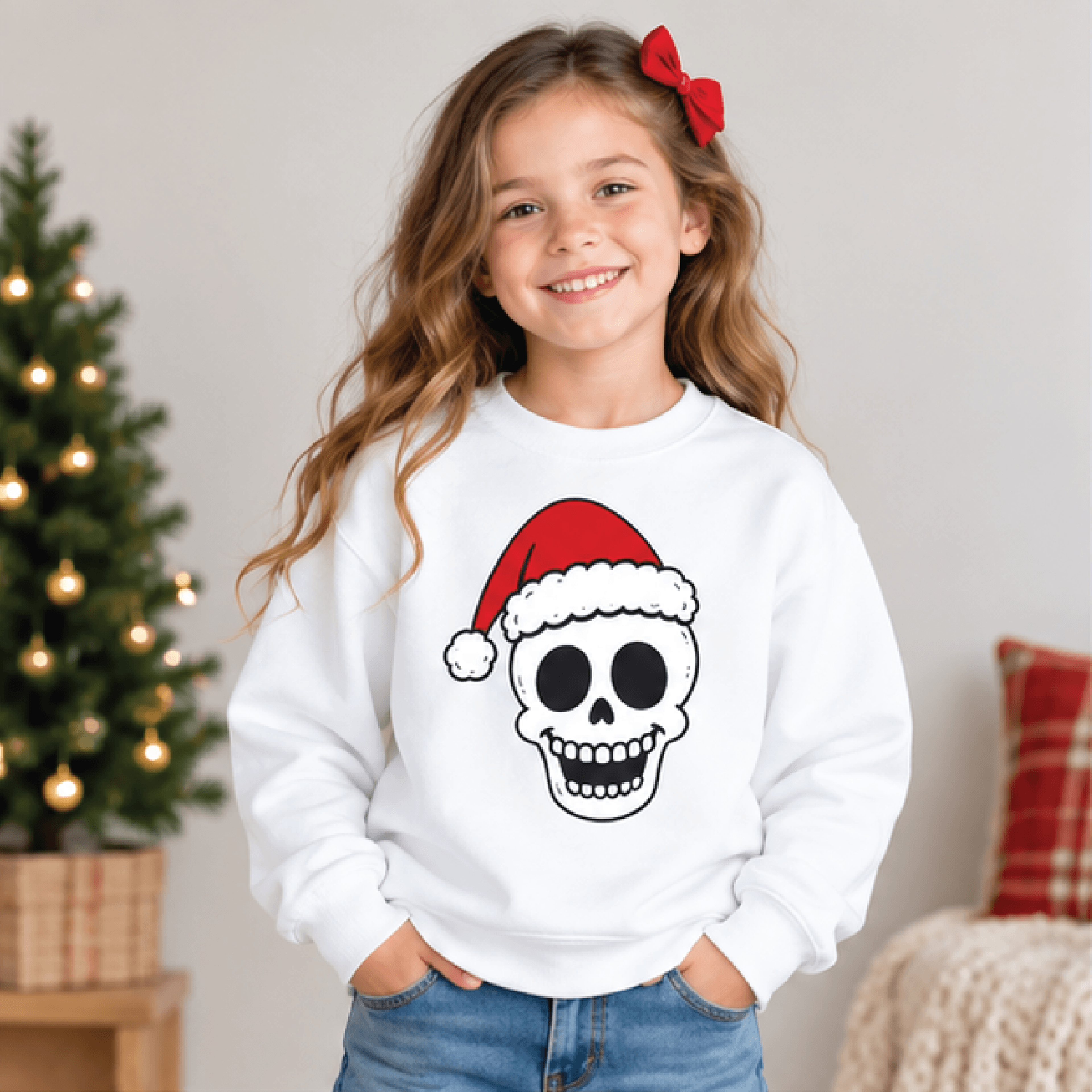 skull santa christmas sweatshirt, kids holiday crewneck, youth skeleton santa sweater, cool alternative xmas gift