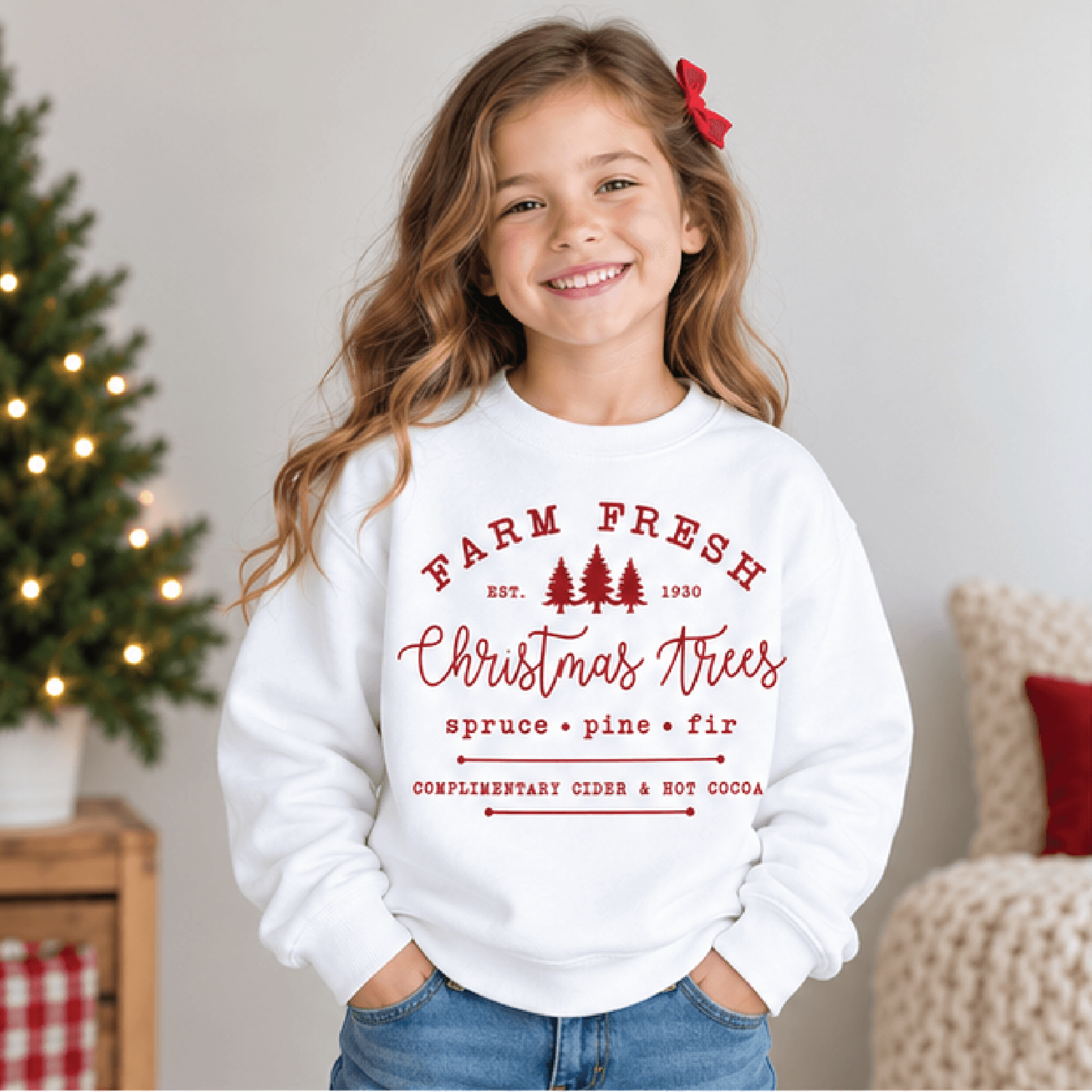 farm fresh christmas tree sweatshirt, kids holiday crewneck, youth vintage xmas sweater, cozy tree farm christmas gift