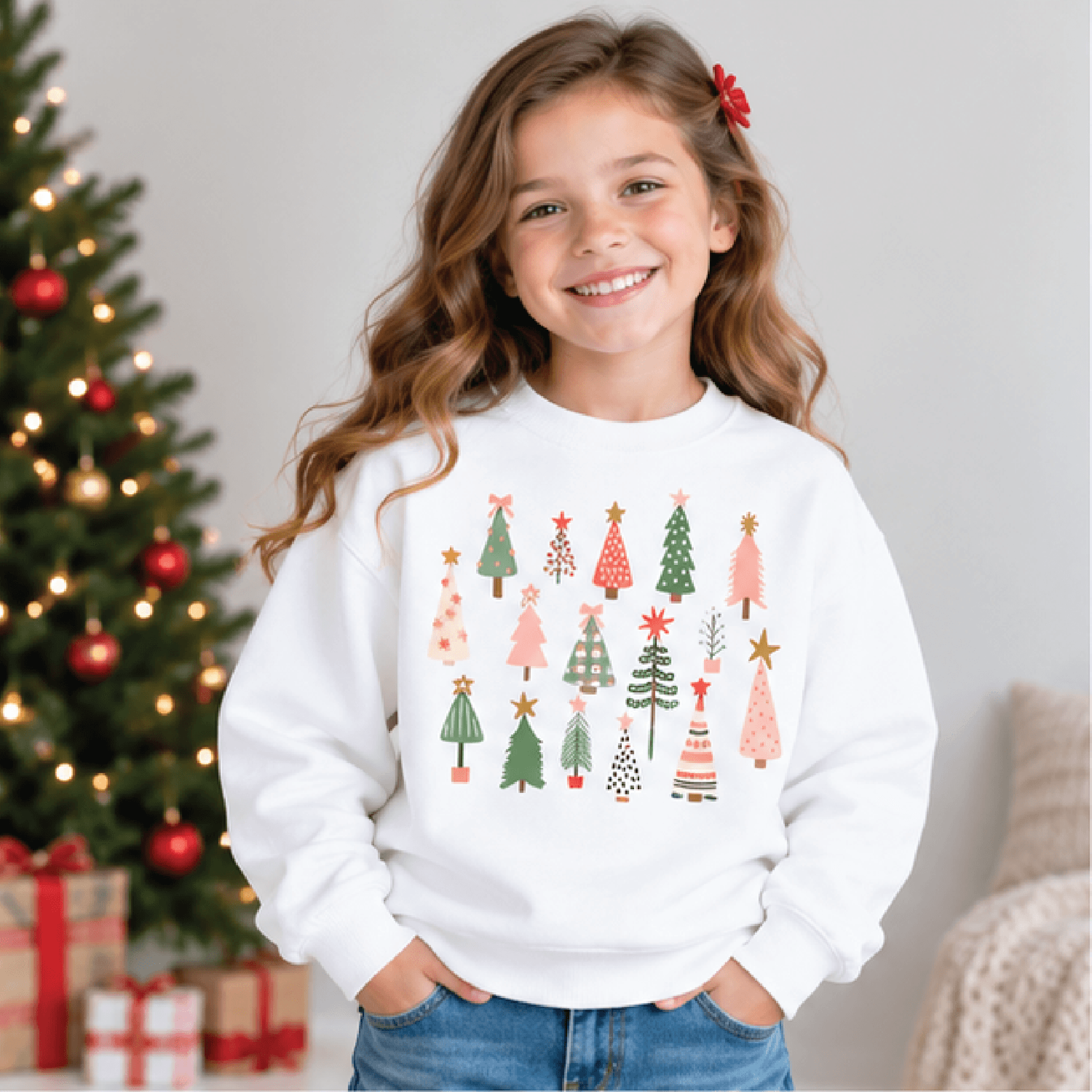 christmas tree sweatshirt, kids holiday crewneck, youth retro xmas sweater, festive winter christmas gift for kids