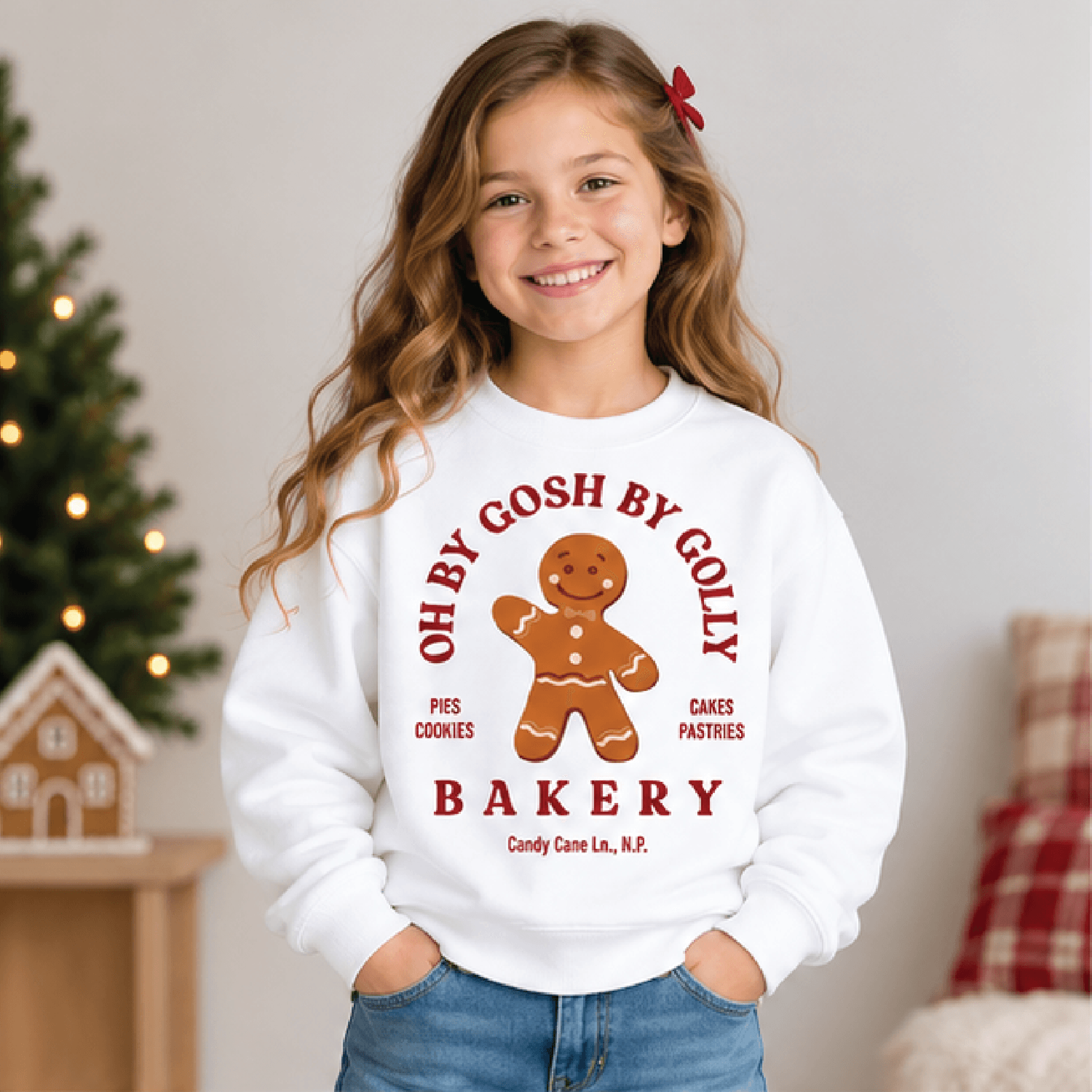 gingerbread bakery christmas sweatshirt, kids holiday crewneck, youth vintage xmas sweater, retro cookie baking gift