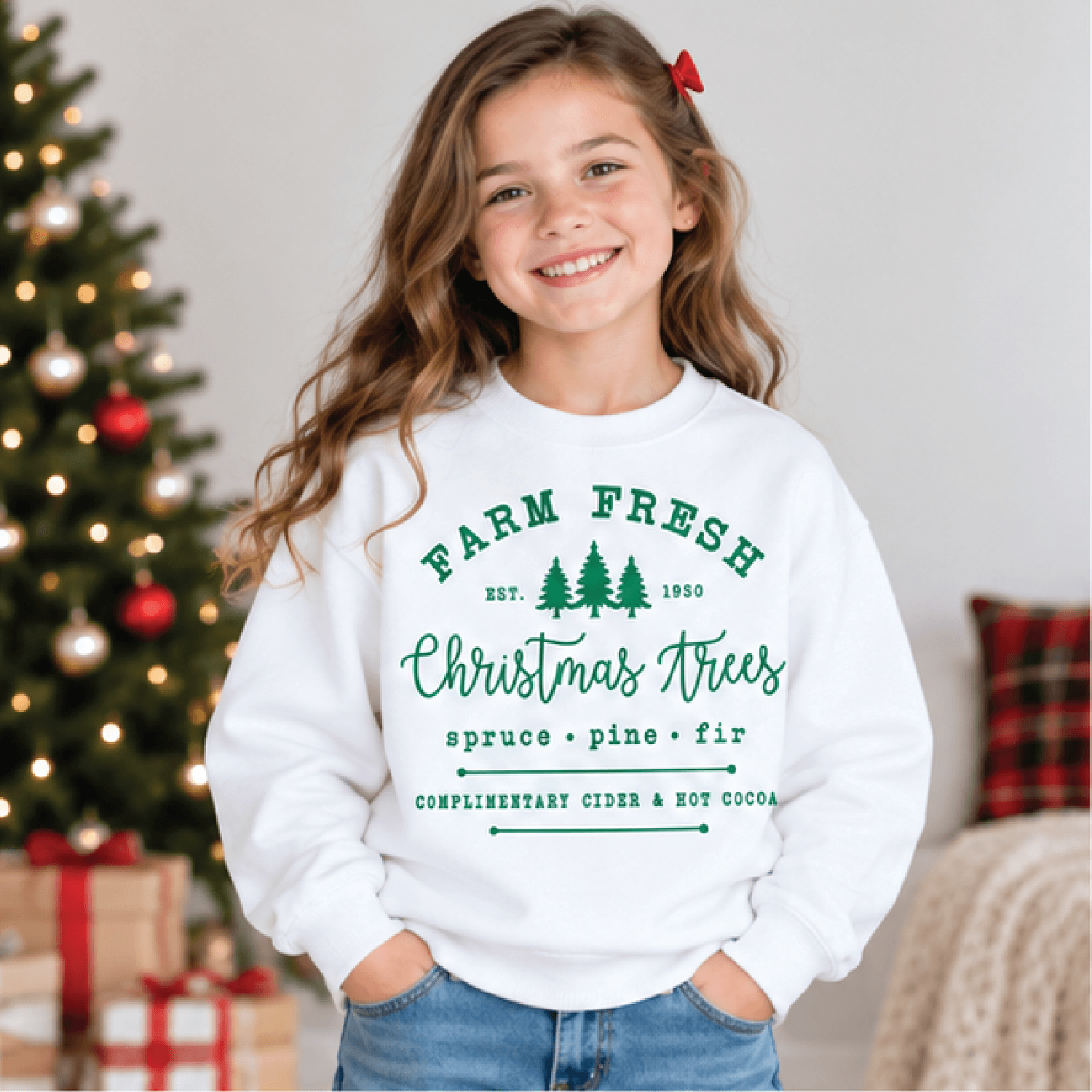 farm fresh christmas tree sweatshirt, kids holiday crewneck, youth vintage xmas sweater, retro tree farm christmas gift