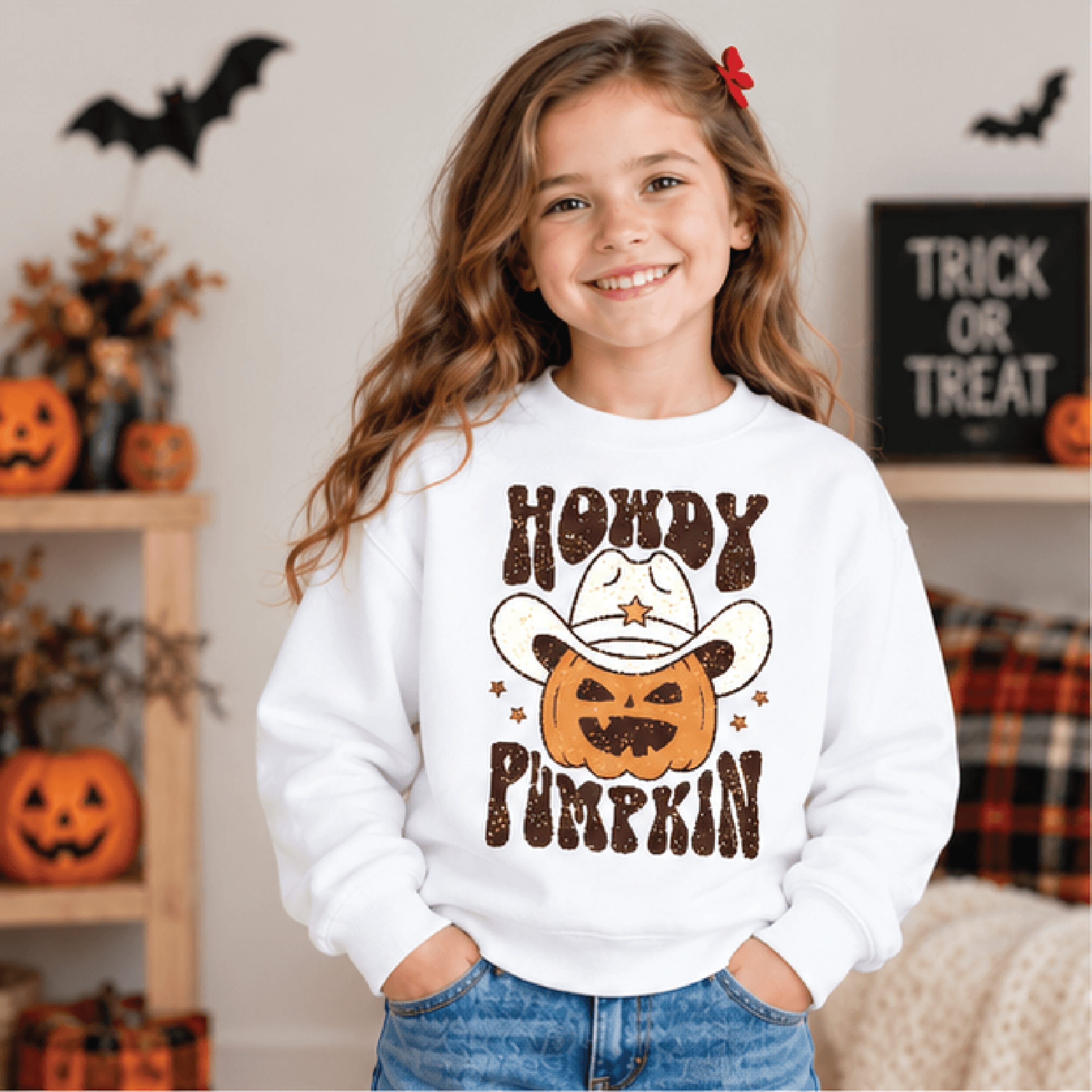 howdy pumpkin halloween sweatshirt, kids western fall crewneck, youth cowboy pumpkin sweater, cute spooky season gift
