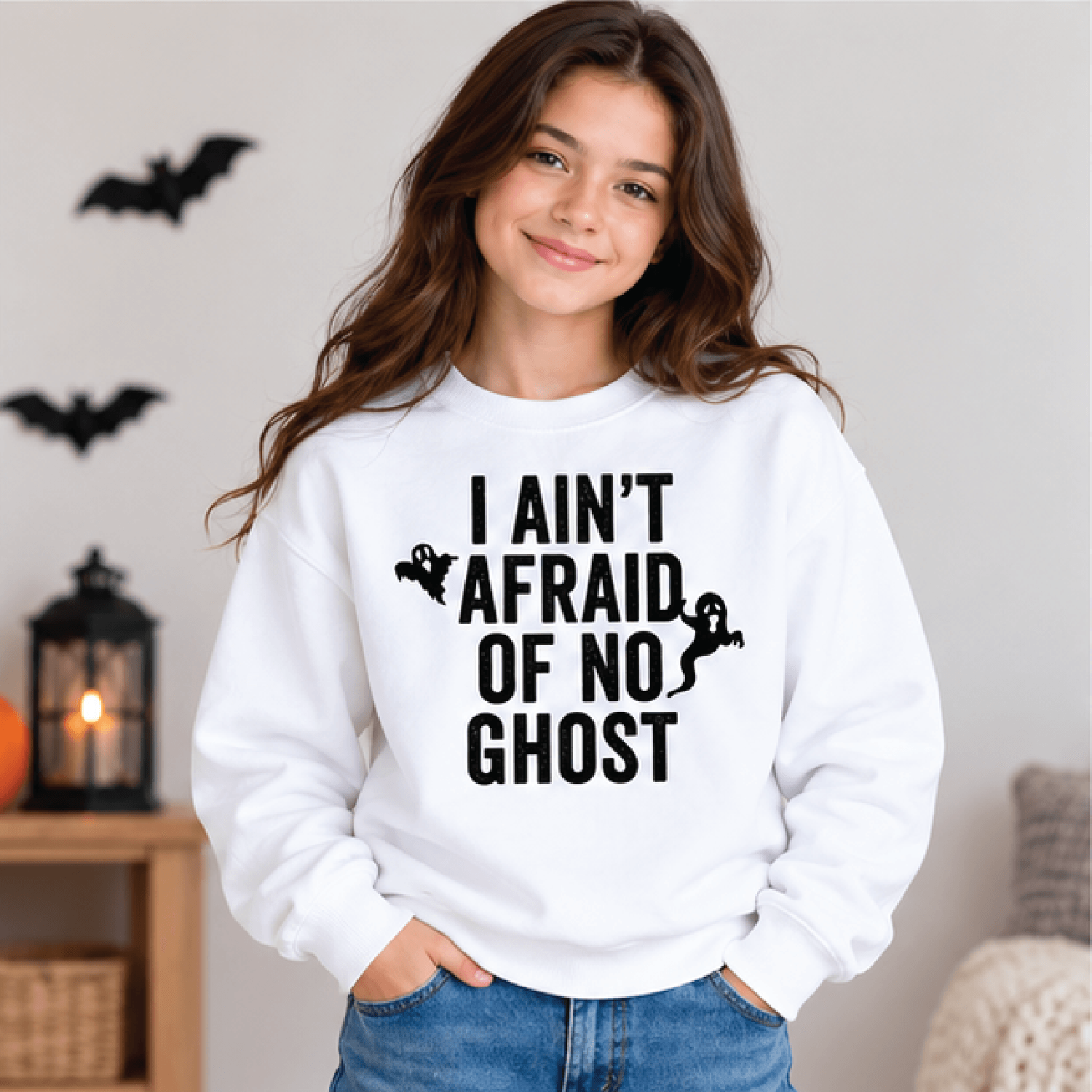i ain't afraid of no ghost sweatshirt, kids halloween crewneck, youth spooky ghost sweater, retro trick or treat gift