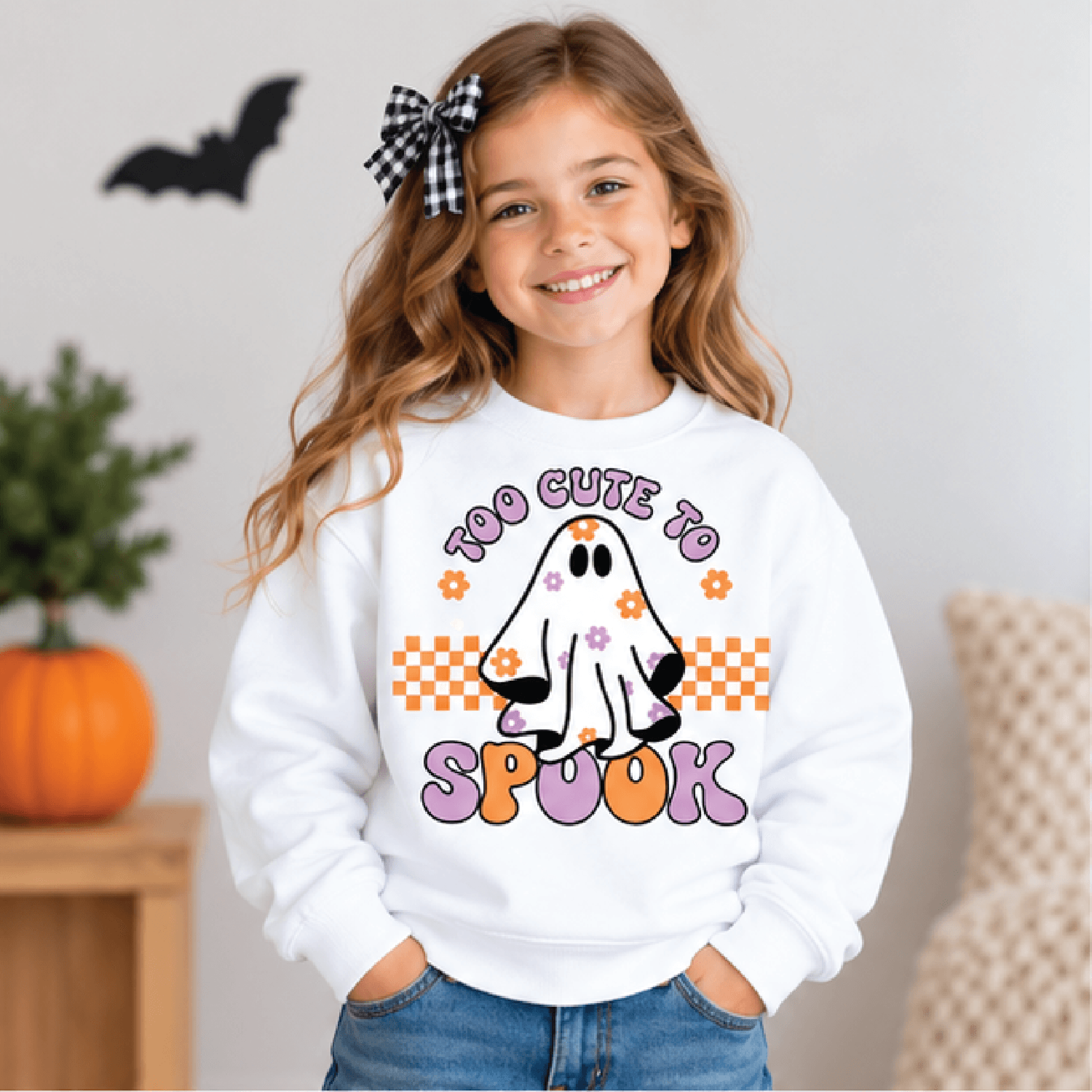 too cute to spook halloween sweatshirt, kids ghost crewneck, youth spooky season sweater, cute trick or treat gift