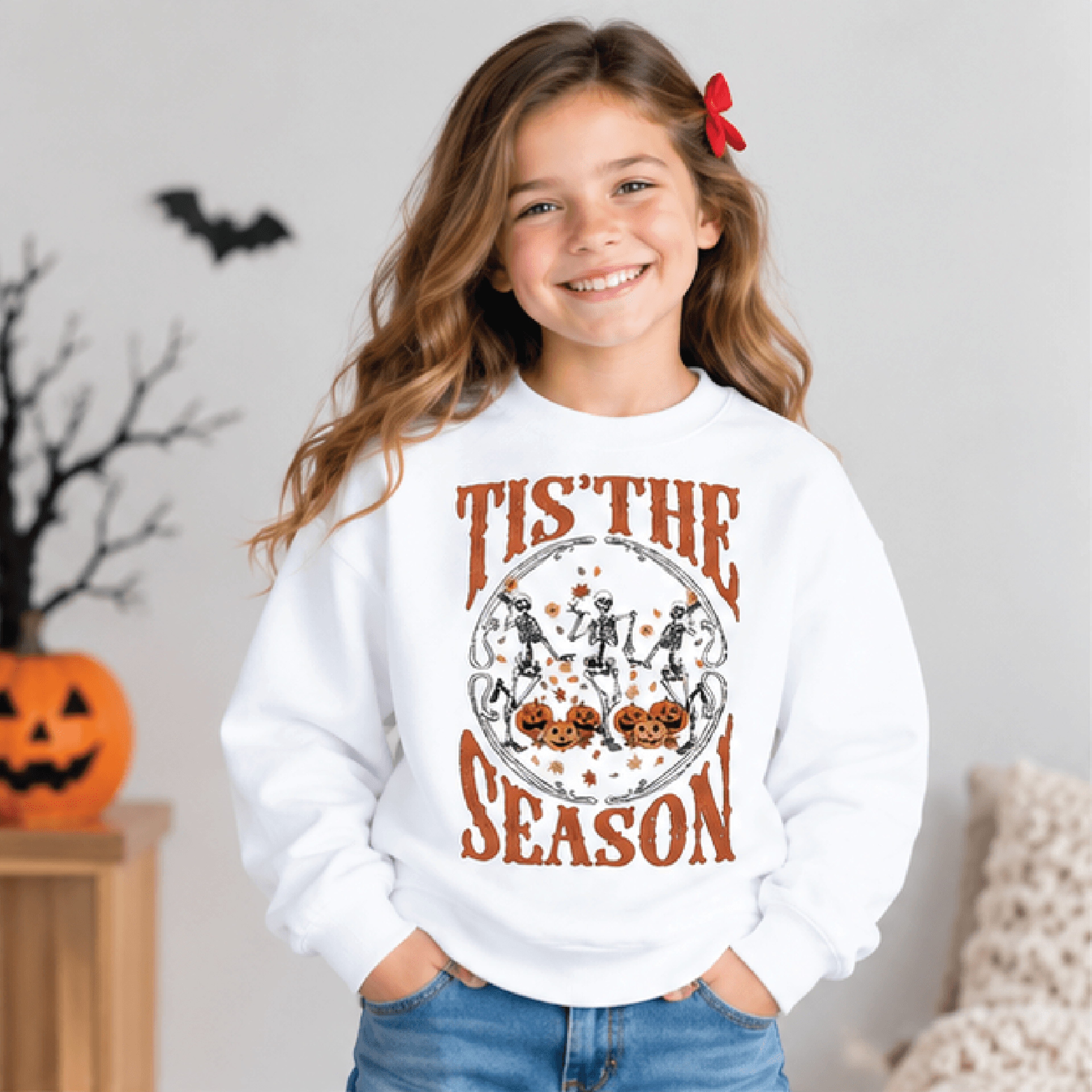 tis the season skeleton christmas sweatshirt, kids holiday crewneck, youth spooky xmas sweater, halloween christmas gift