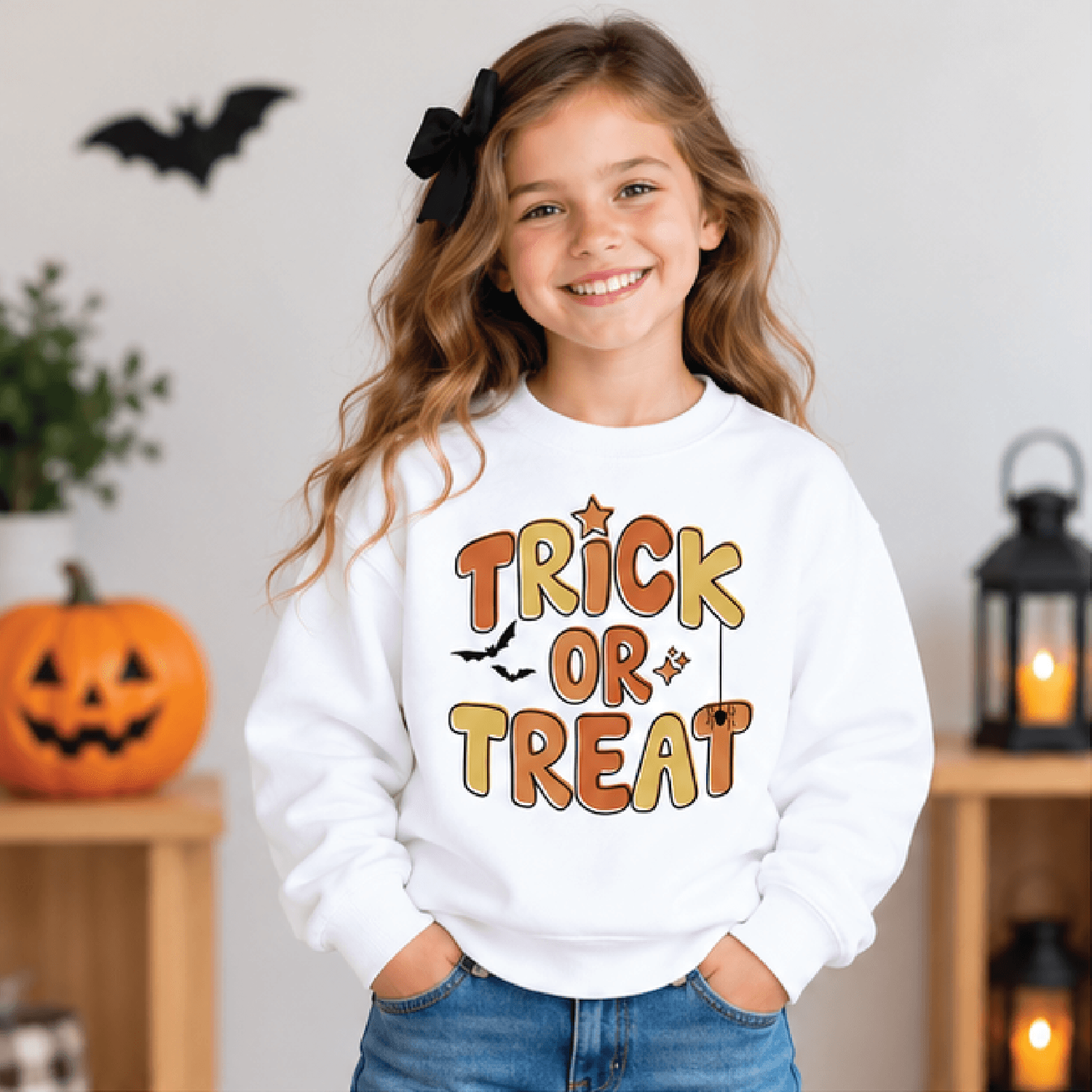 trick or treat halloween sweatshirt, kids spooky crewneck, youth retro halloween sweater, orange yellow fall gift