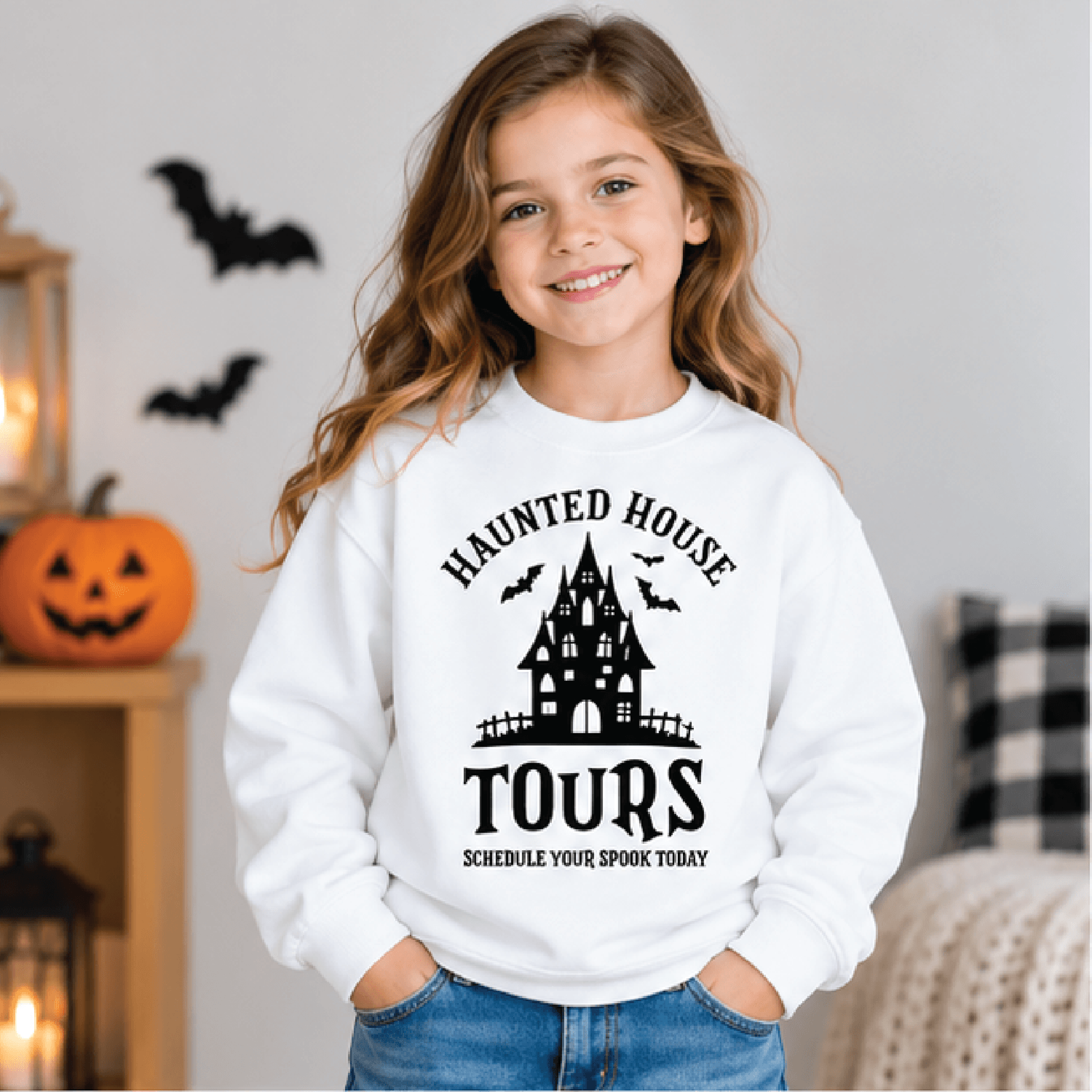 haunted house tours sweatshirt, kids halloween crewneck, youth spooky haunted house sweater, retro fall halloween gift
