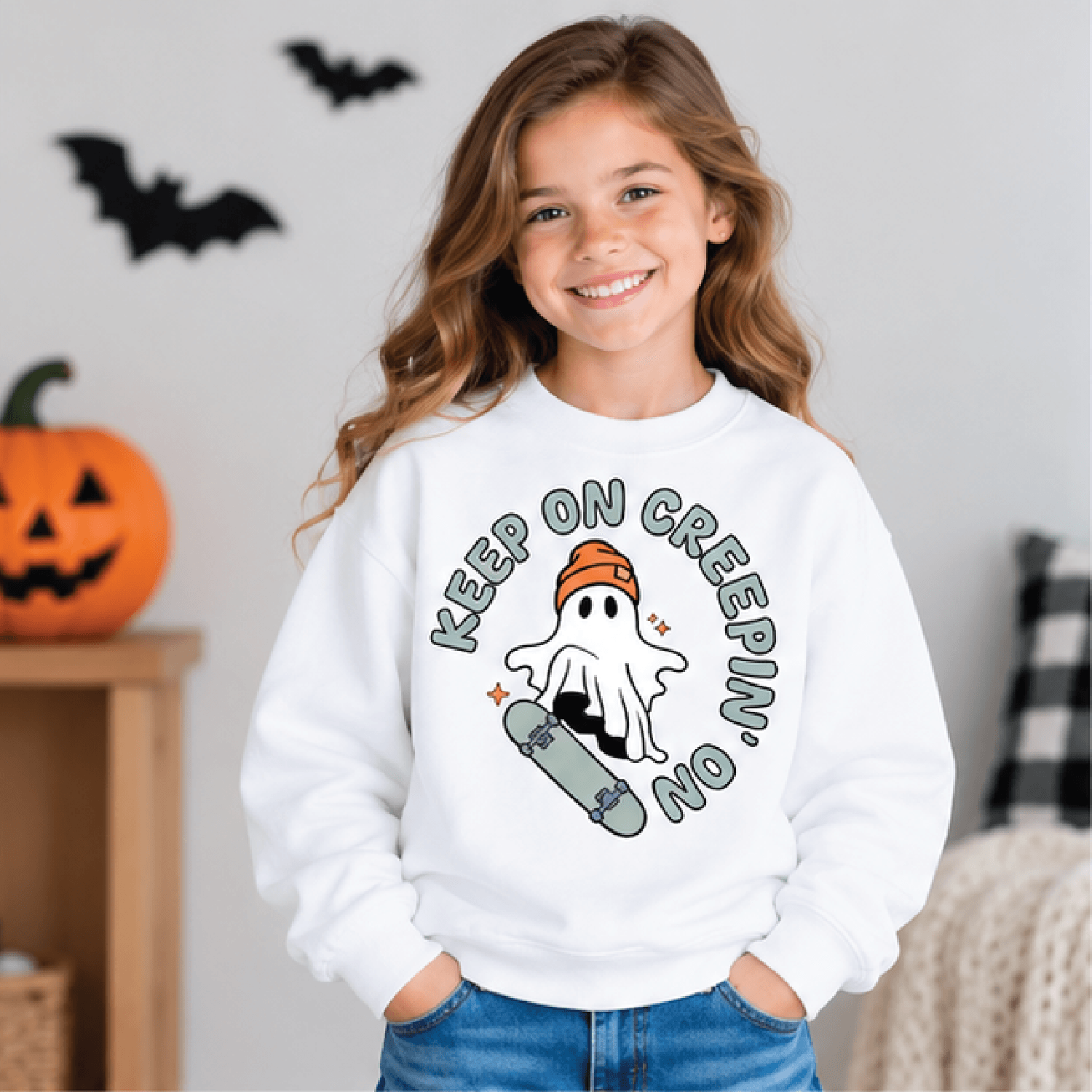 keep on creepin on sweatshirt, kids halloween ghost crewneck, youth skater ghost sweater, retro spooky season gift