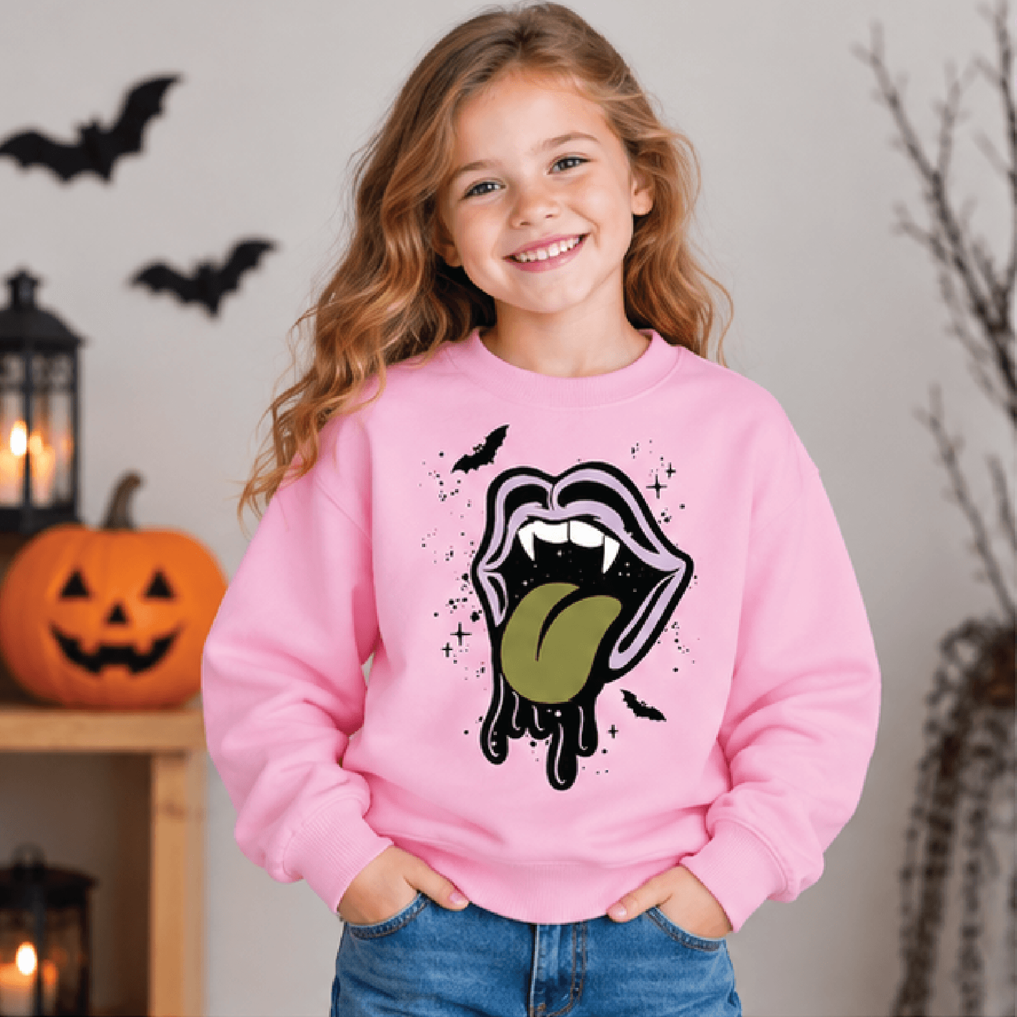 vampire drippy mouth halloween sweatshirt, kids spooky crewneck, youth vampire fang sweater, gothic halloween fall gift