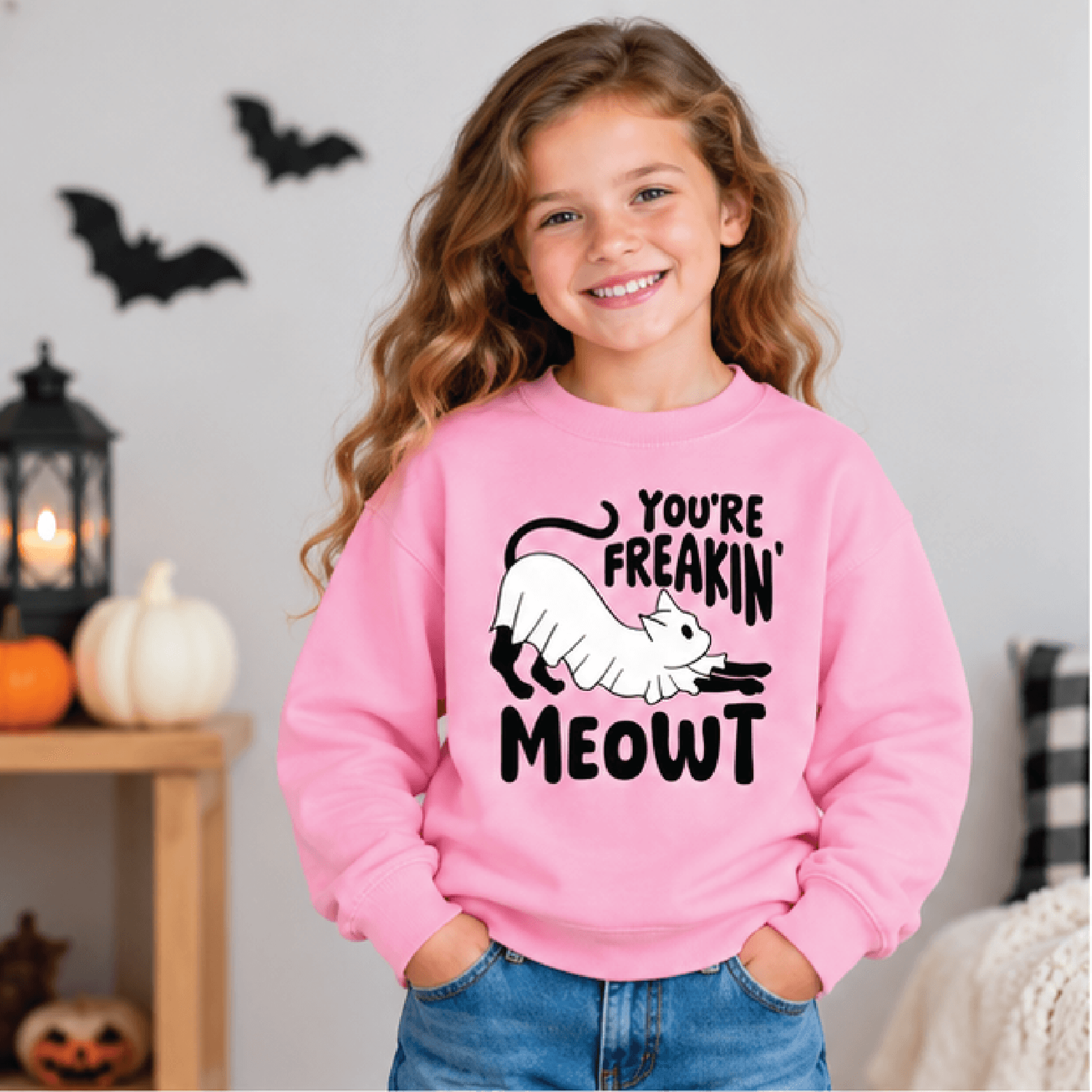 you're freakin meowt halloween sweatshirt, kids ghost cat crewneck, youth spooky cat sweater, cute trick or treat gift