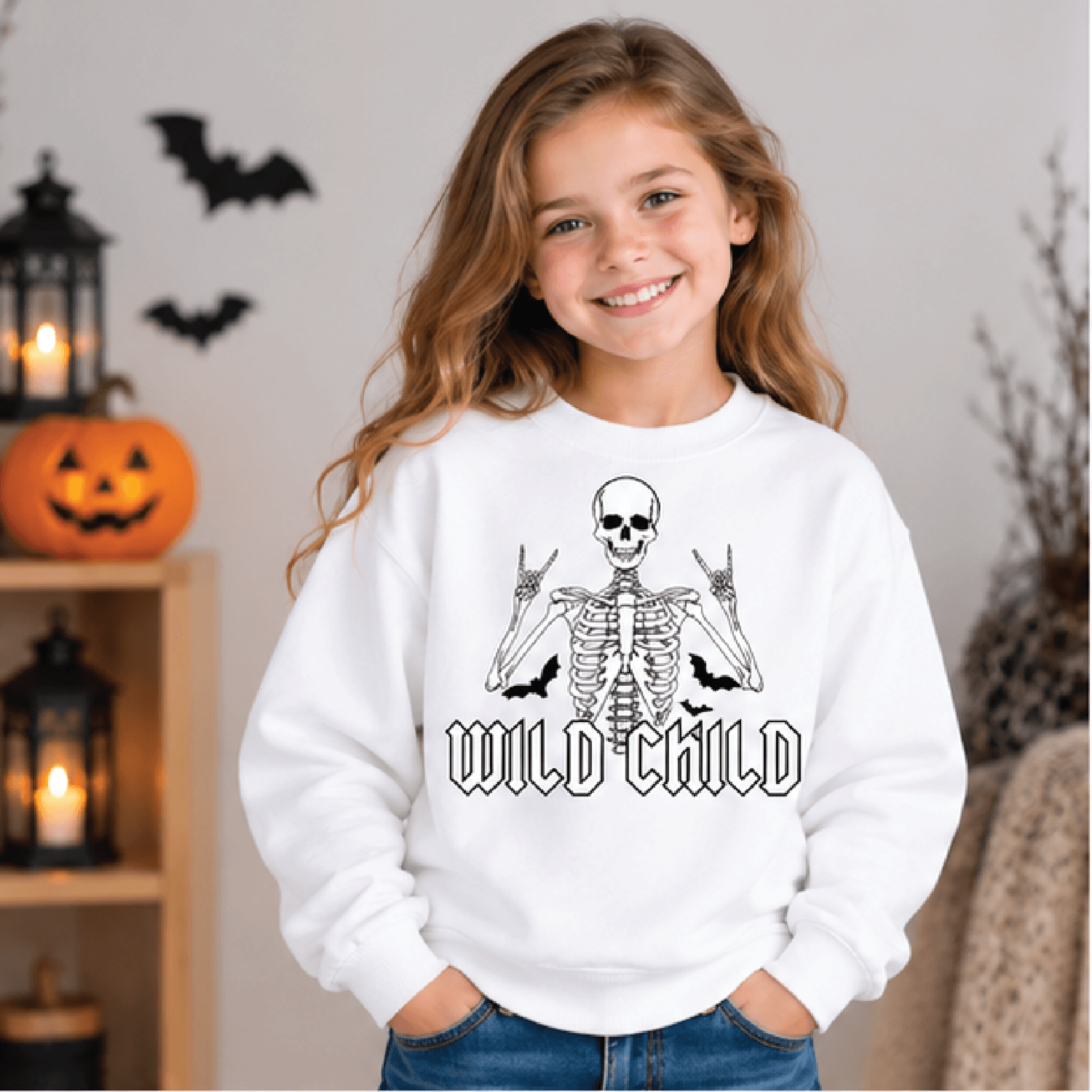 wild child skeleton halloween sweatshirt, kids spooky crewneck, youth skeleton sweater, retro halloween fall gift