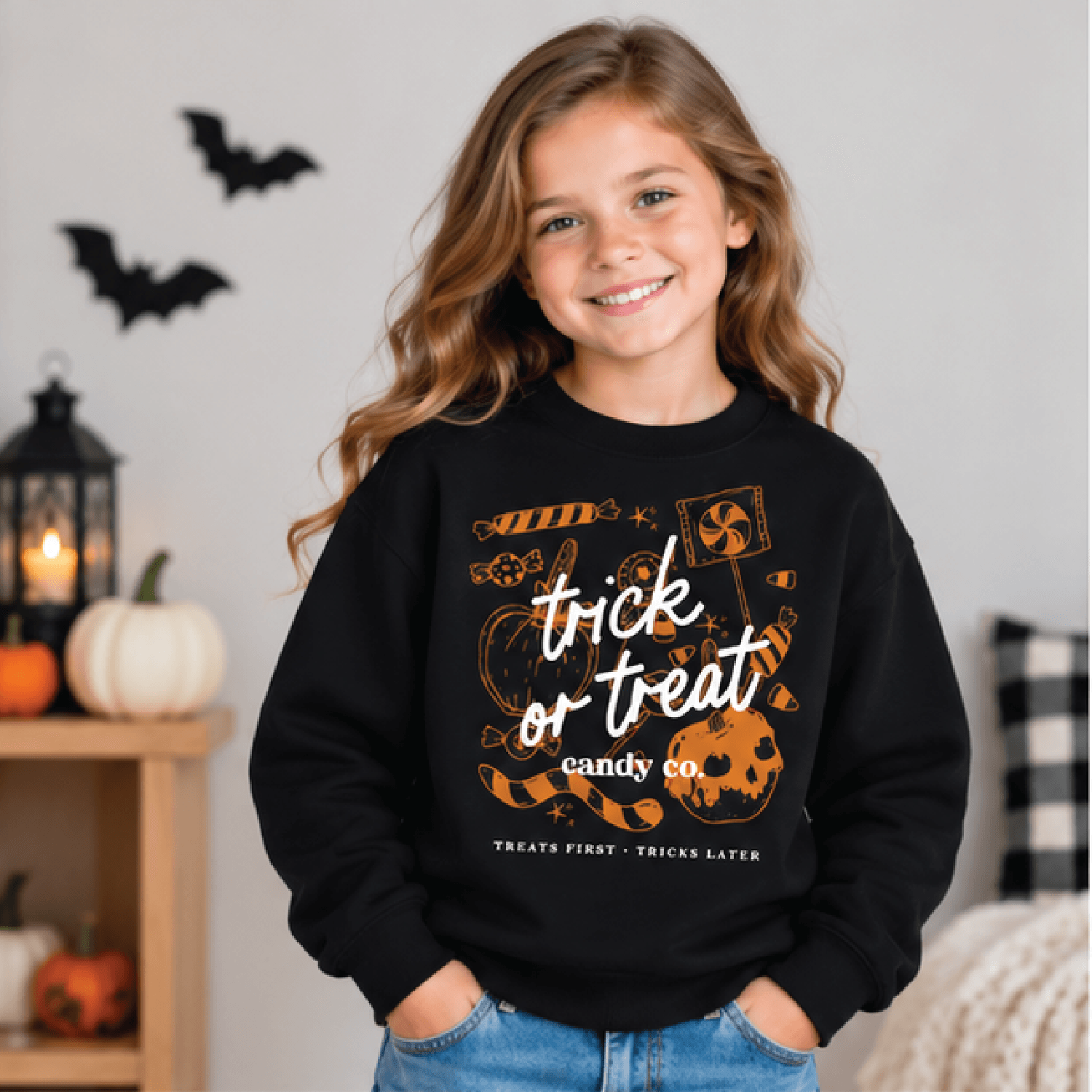 trick or treat candy co halloween sweatshirt, kids spooky crewneck, youth retro candy sweater, halloween party gift