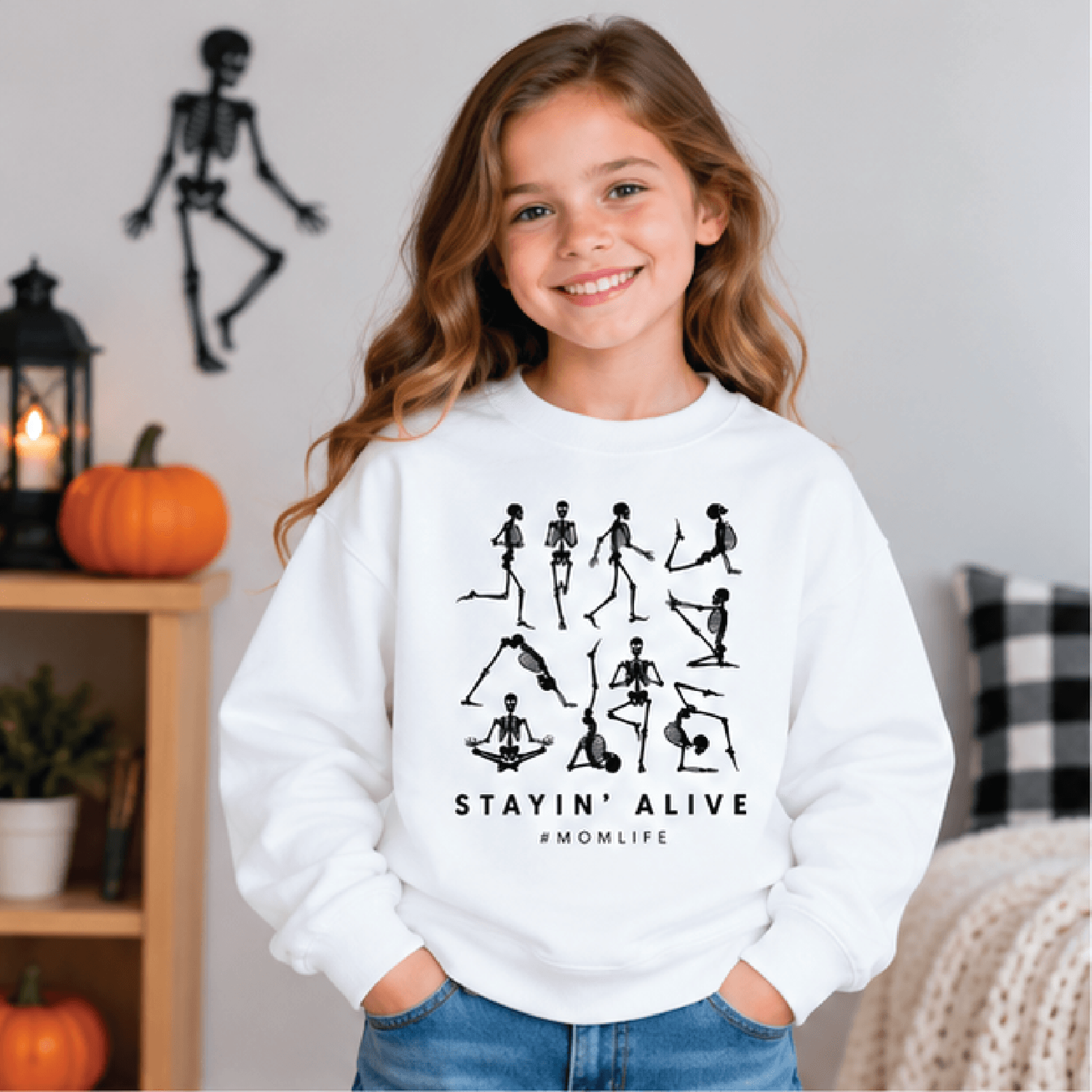 stayin alive halloween sweatshirt, kids skeleton crewneck, youth spooky fall sweater, funny retro halloween gift