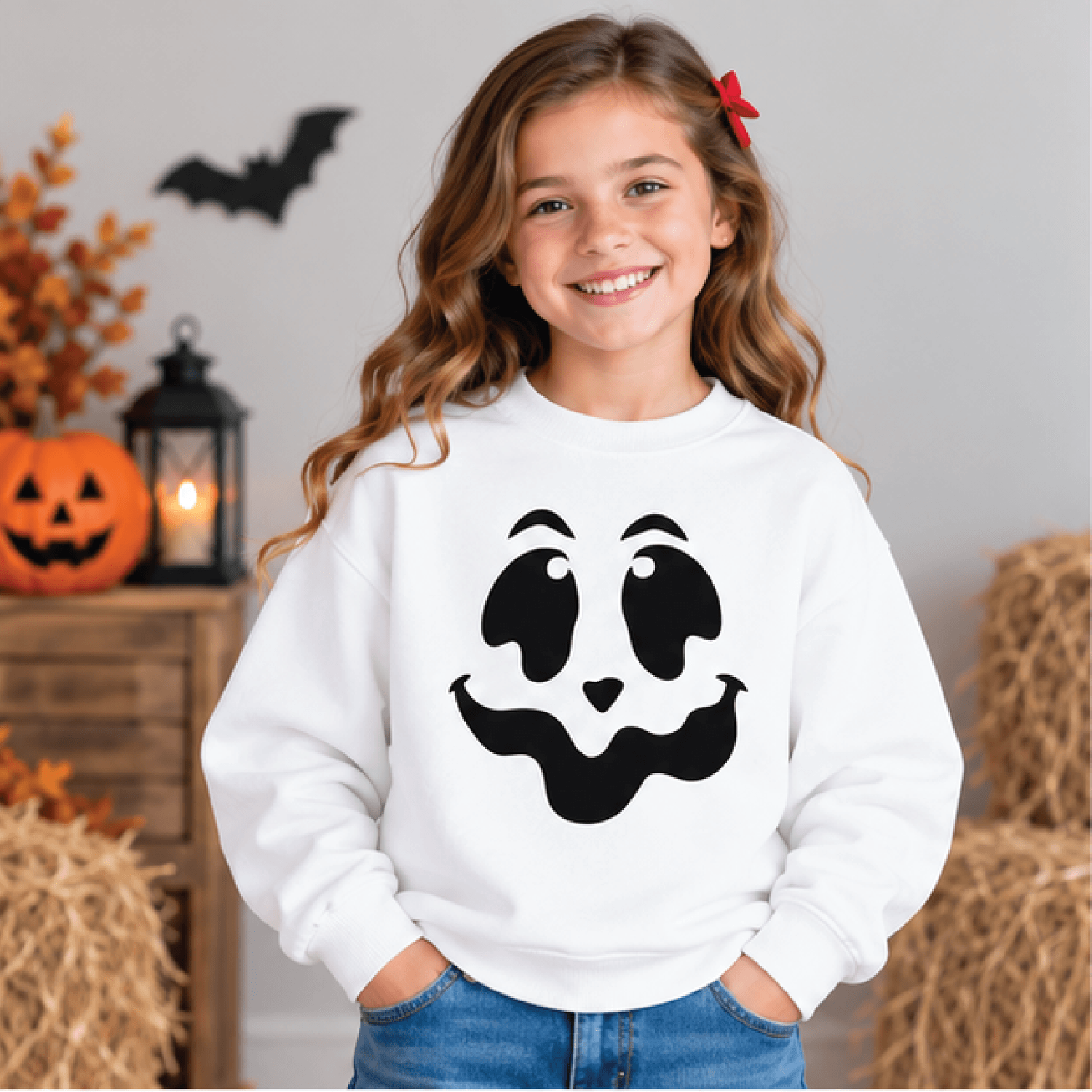 jack o lantern face halloween sweatshirt, kids pumpkin crewneck, youth spooky pumpkin sweater, retro trick or treat gift