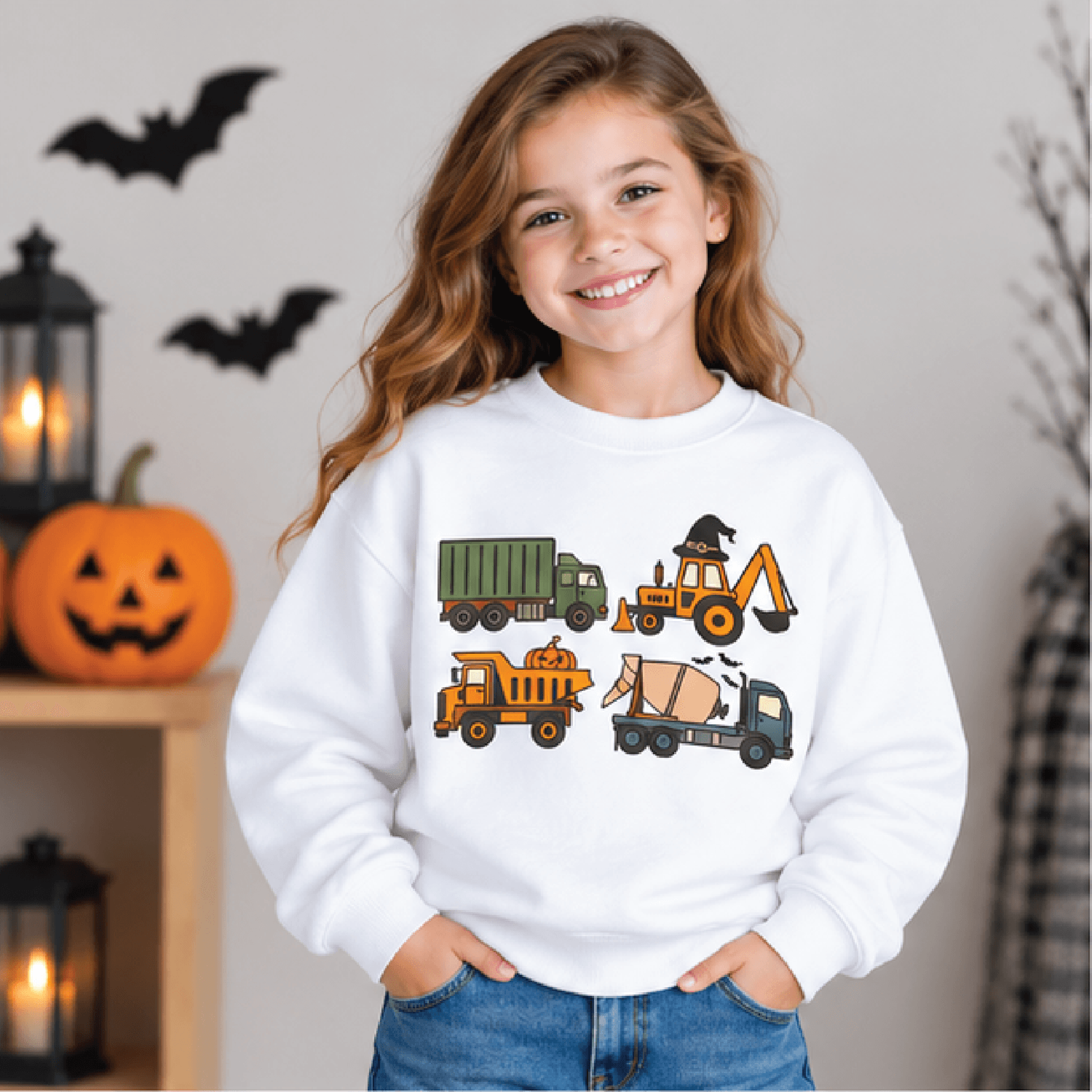 spooky construction trucks sweatshirt, kids halloween excavator crewneck, youth construction vehicle sweater, fall gift