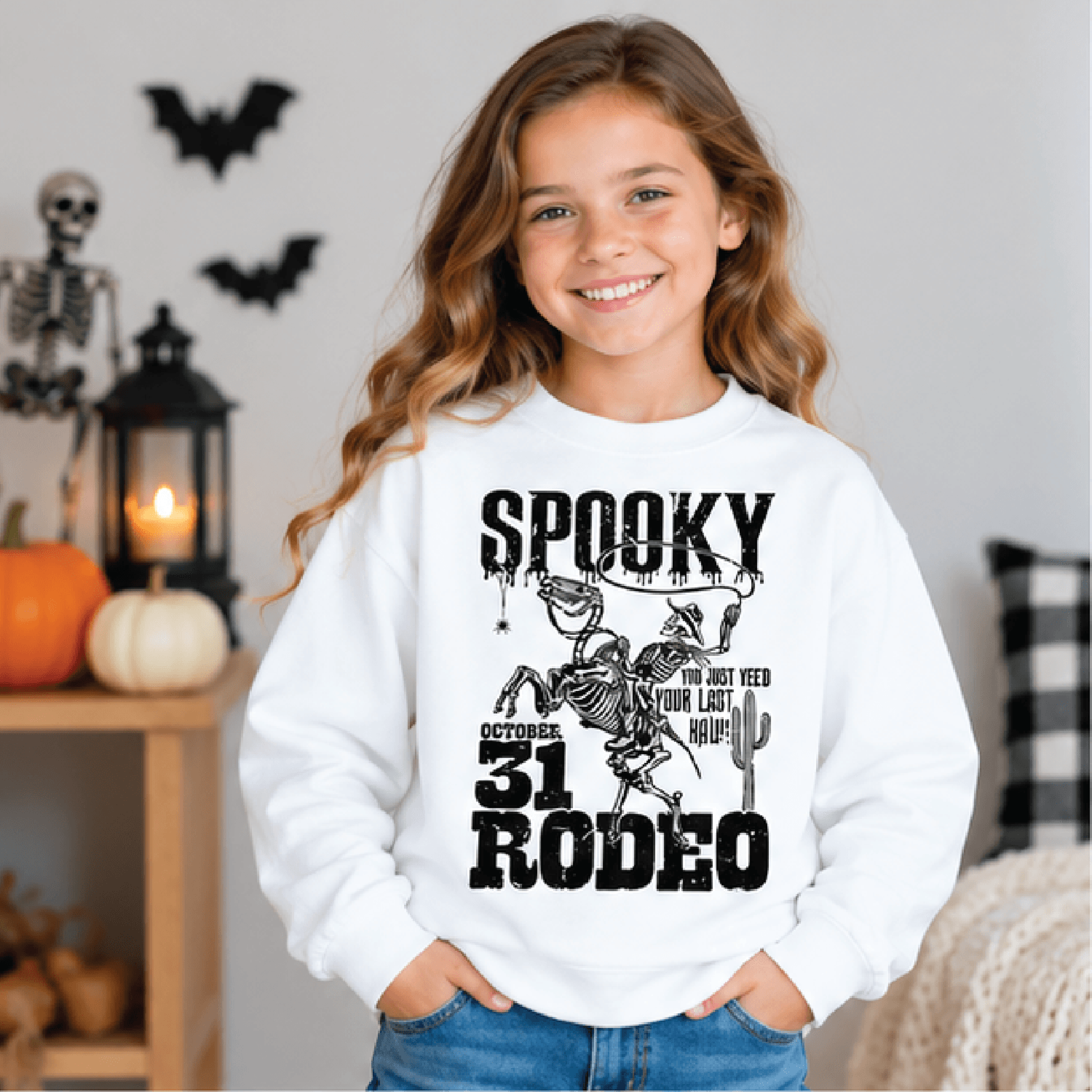 spooky rodeo halloween sweatshirt, kids western ghost crewneck, youth cowboy halloween sweater, retro rodeo fall gift