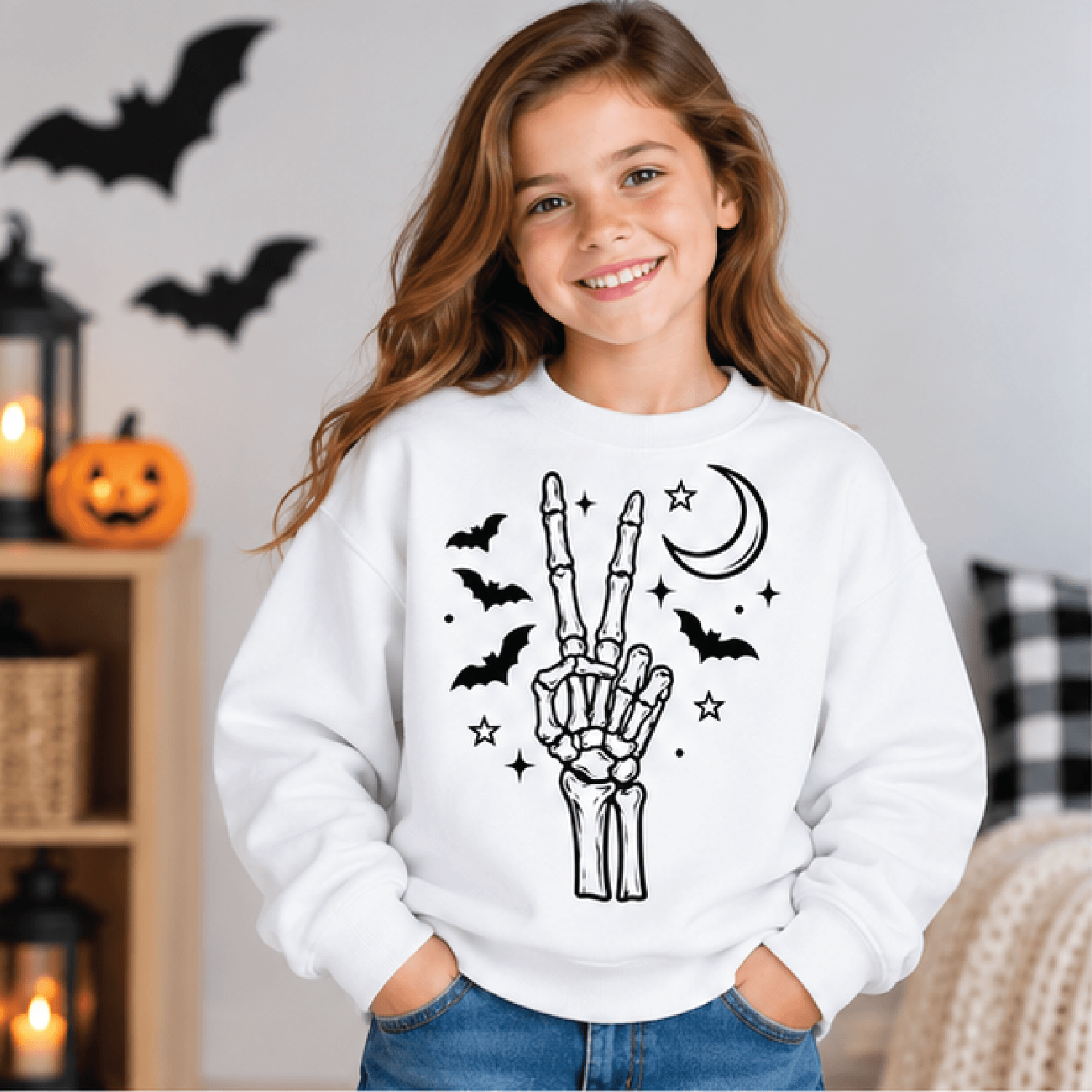 peace skeleton halloween sweatshirt, kids spooky crewneck, youth skeleton sweater, retro peace sign halloween fall gift