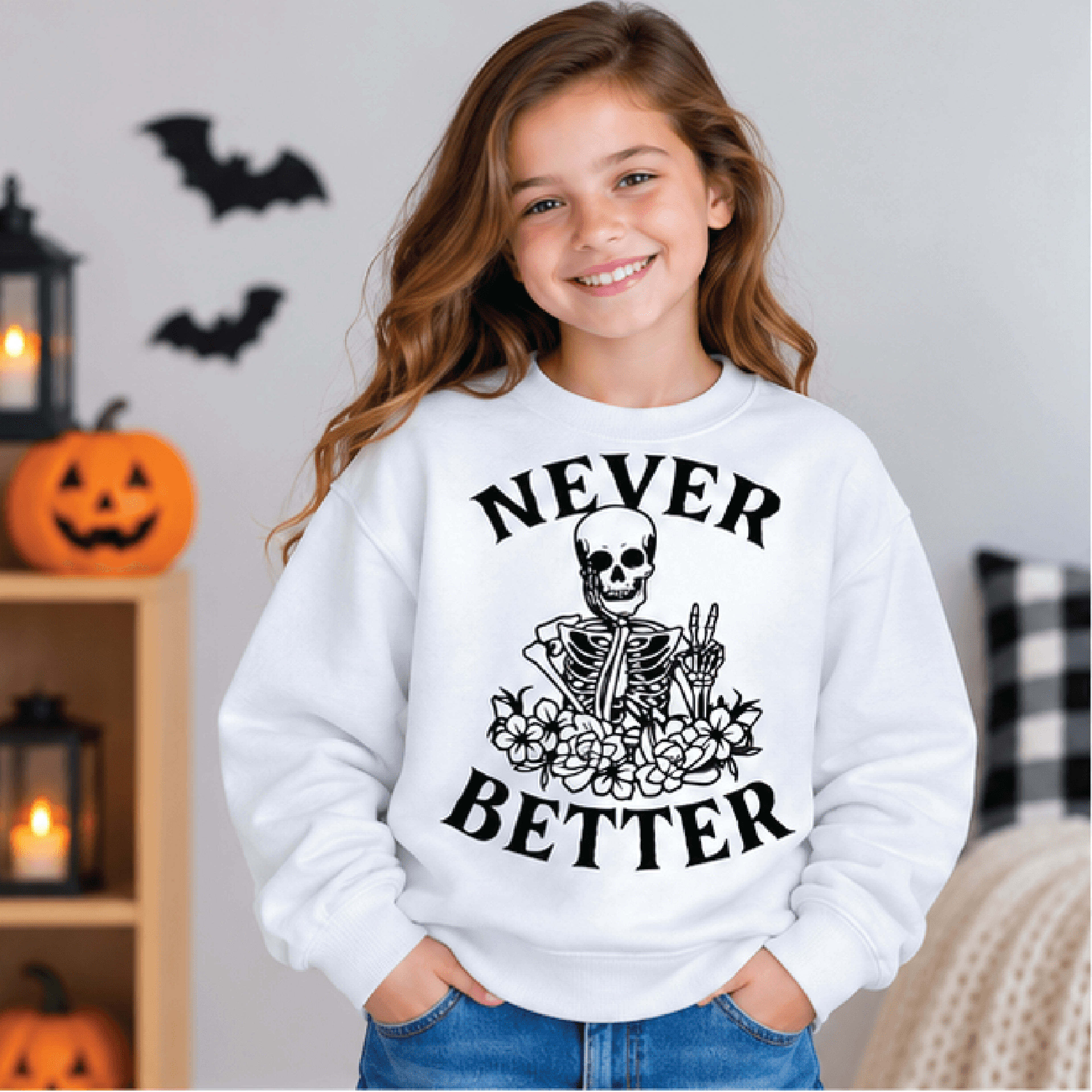 never better skeleton halloween sweatshirt, kids spooky crewneck, youth daydreaming skelly sweater, retro halloween gift