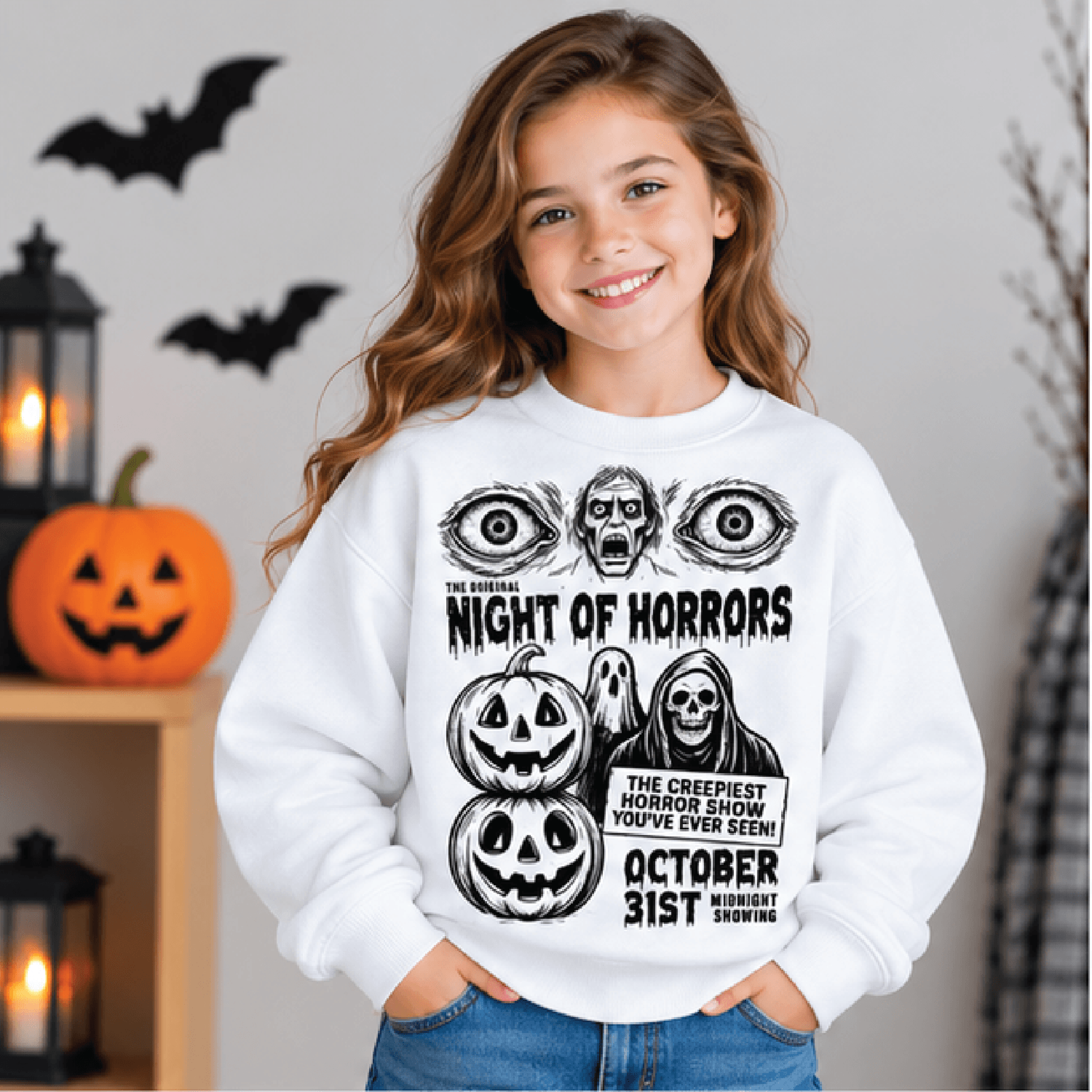 night of horrors halloween sweatshirt, kids spooky crewneck, youth horror movie sweater, vintage midnight showing fall