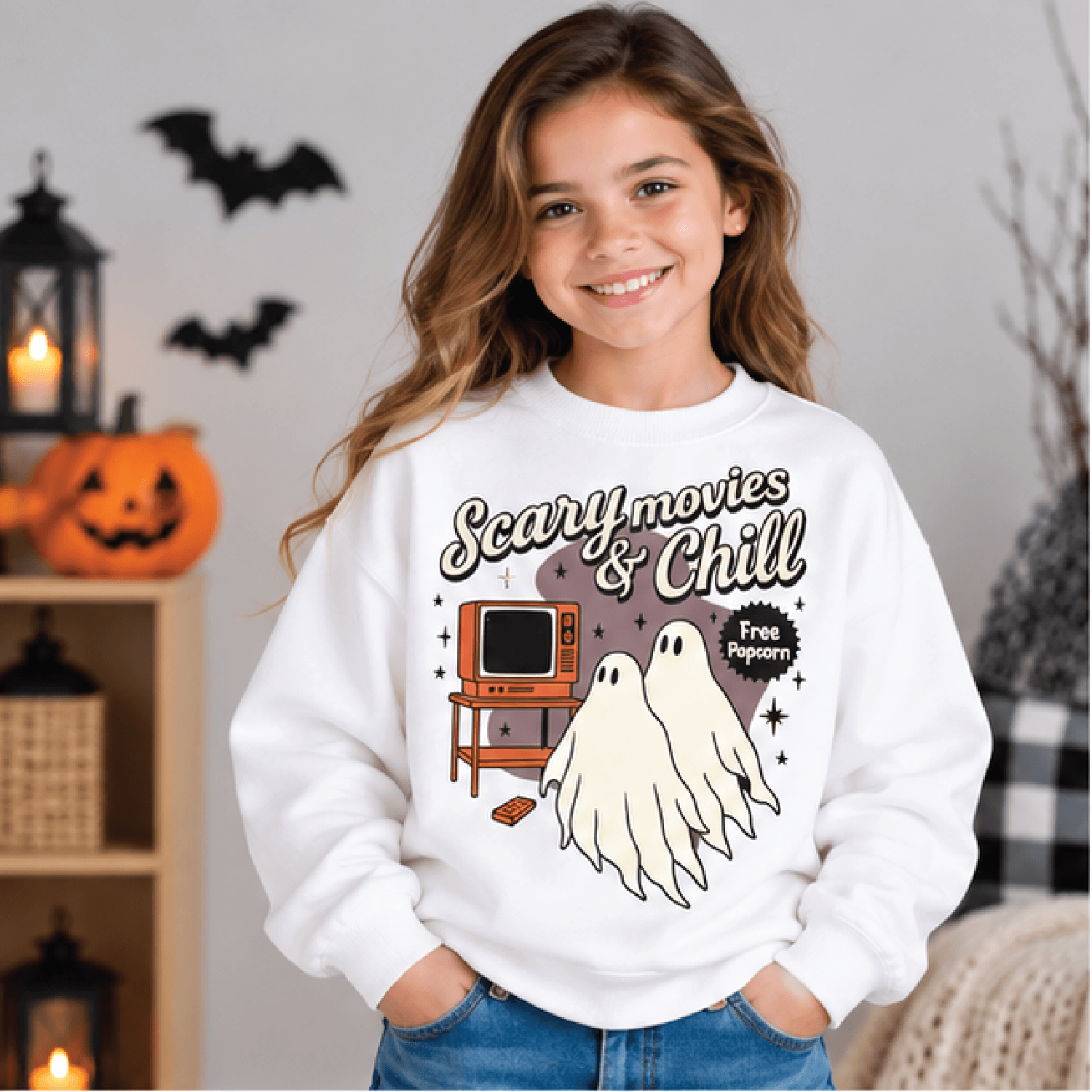 scary movies & chill sweatshirt, kids halloween ghost crewneck, youth spooky movie night sweater, cute retro fall gift