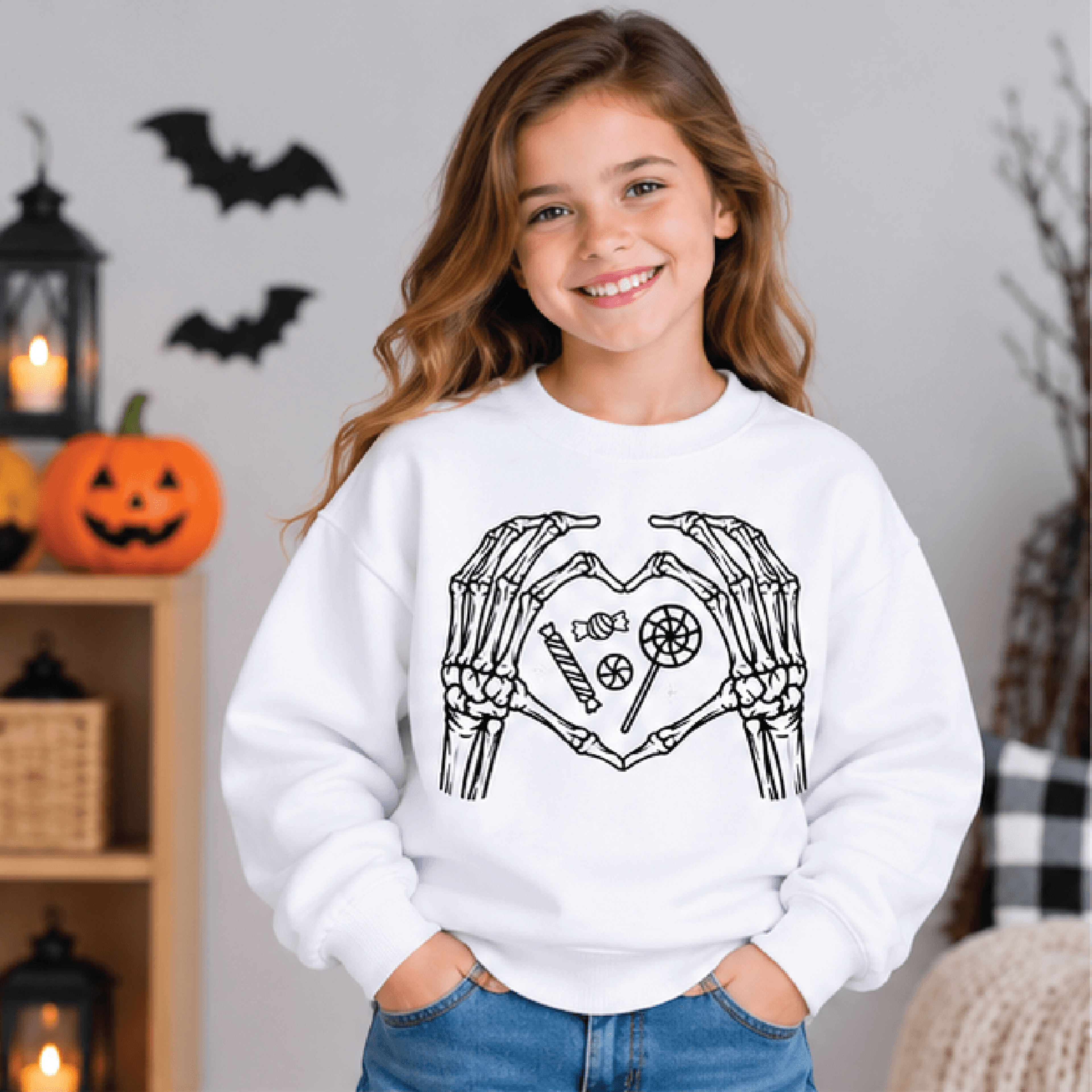 skeleton heart hands halloween sweatshirt, kids spooky crewneck, youth creepy cute skeleton sweater, halloween fall gift