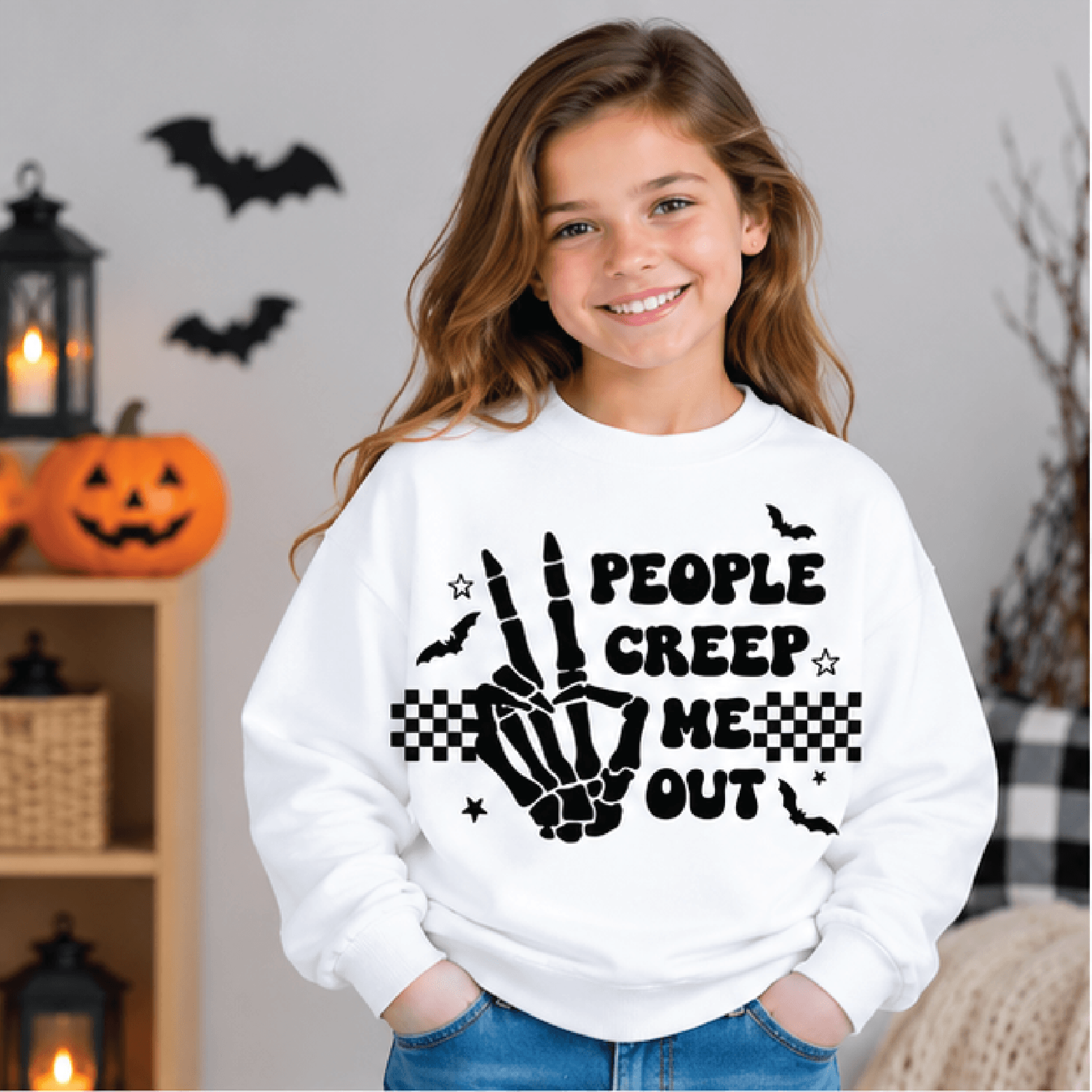 people creep me out halloween sweatshirt, kids skeleton crewneck, youth spooky bat sweater, retro halloween fall gift