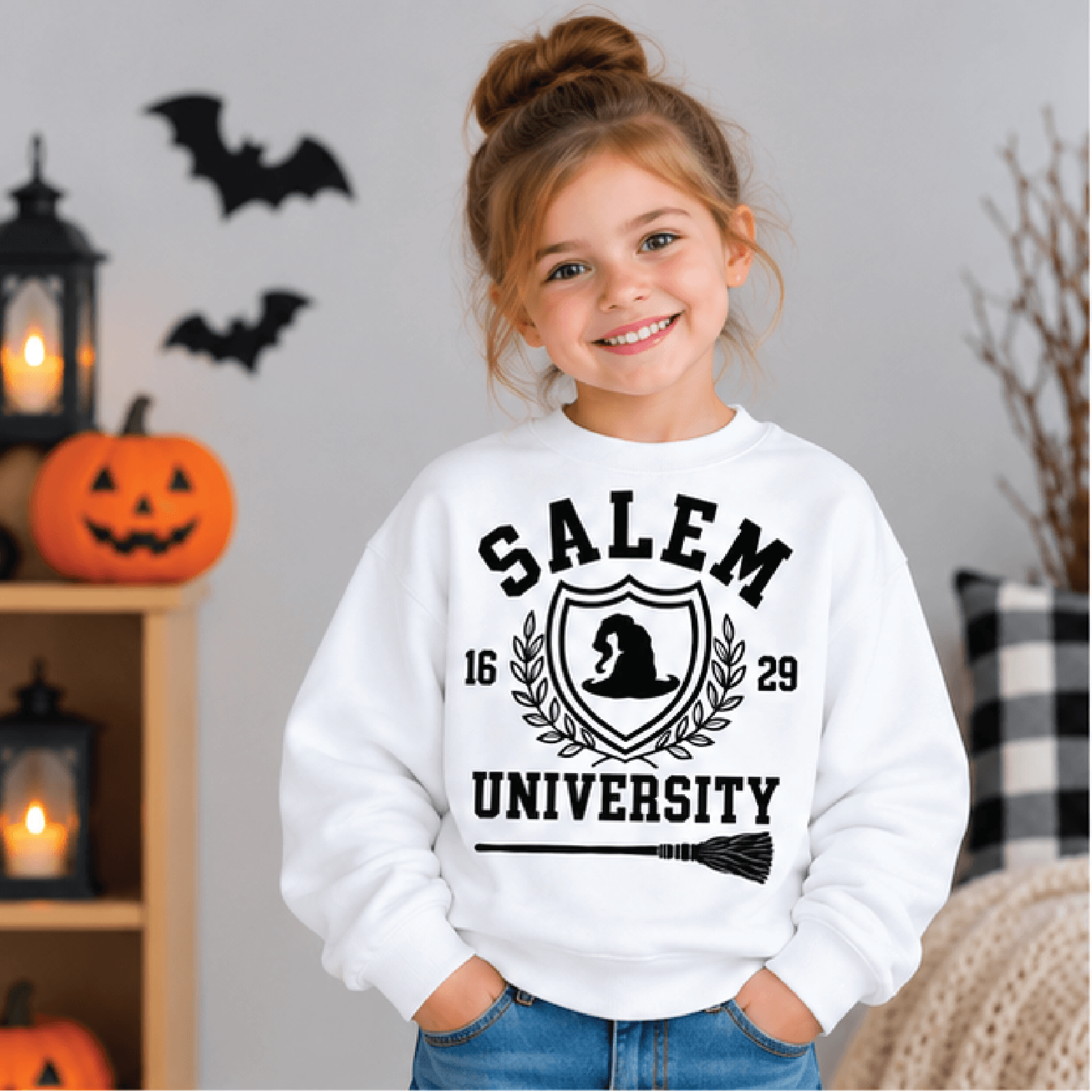 salem university halloween sweatshirt, kids witch crewneck, youth spooky witch hat sweater, retro witchy halloween gift