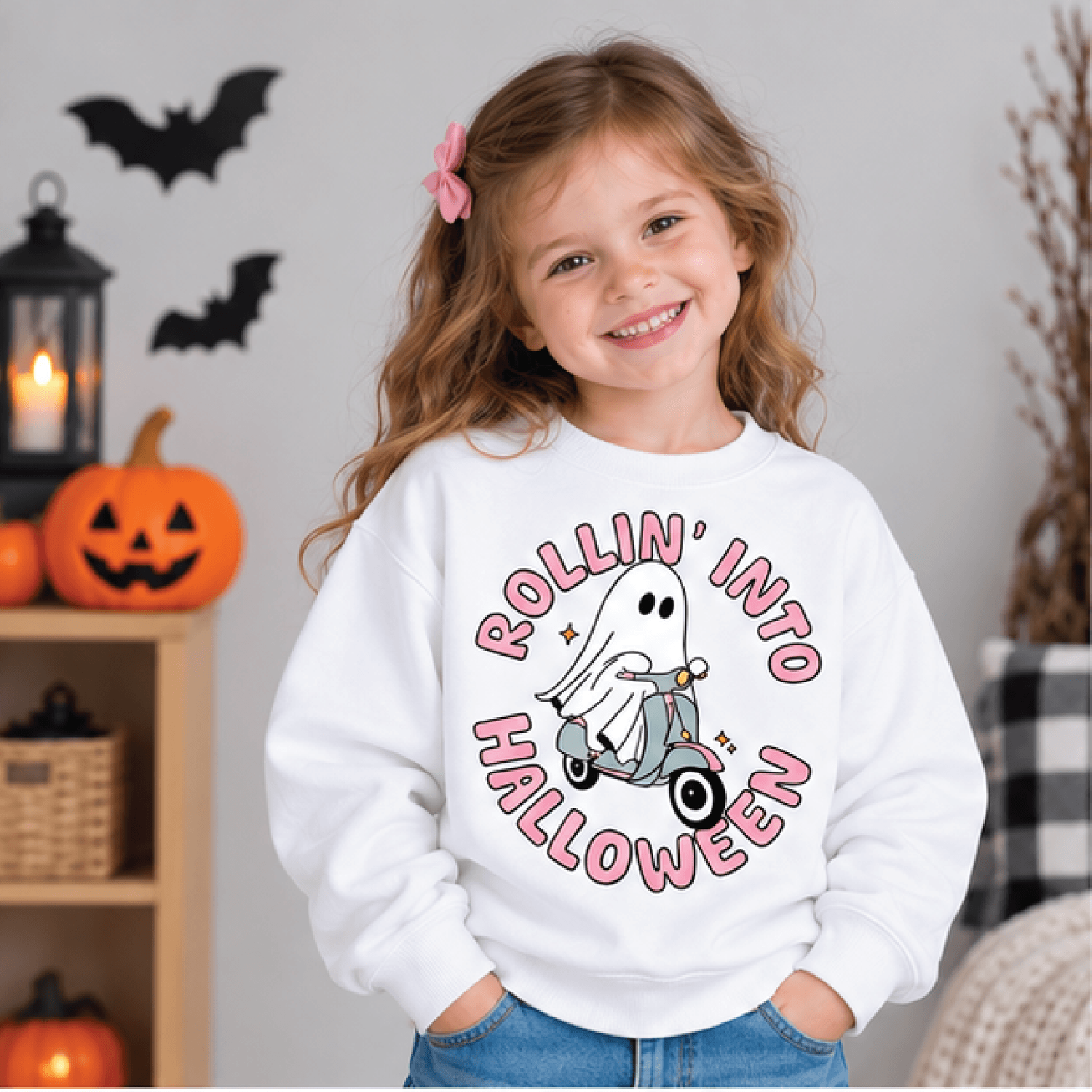 rollin into halloween sweatshirt, kids ghost scooter crewneck, youth spooky season sweater, cute trick or treat fall gif