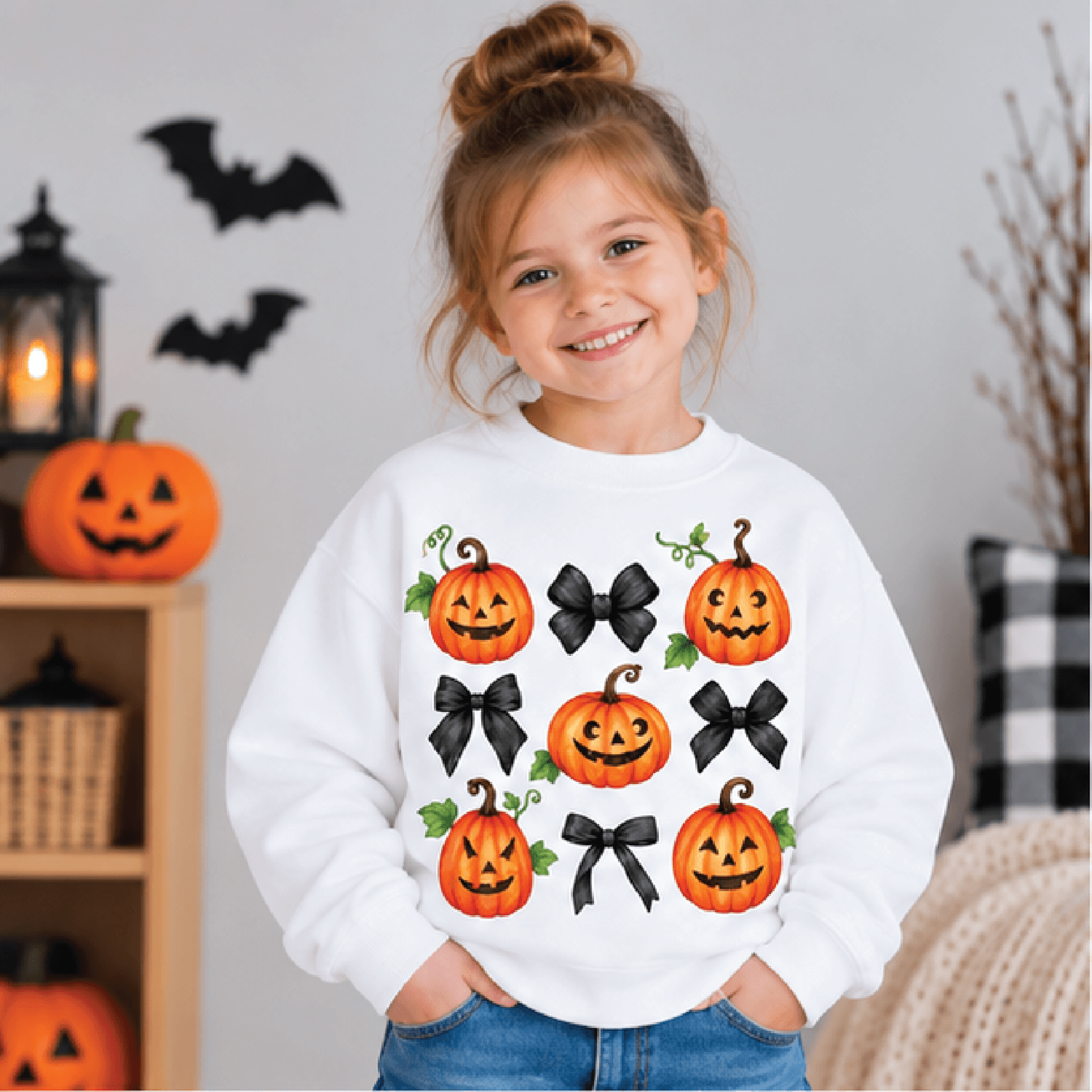 pumpkins n bows halloween sweatshirt, kids jack o lantern crewneck, youth pumpkin bow sweater, cute spooky season fall