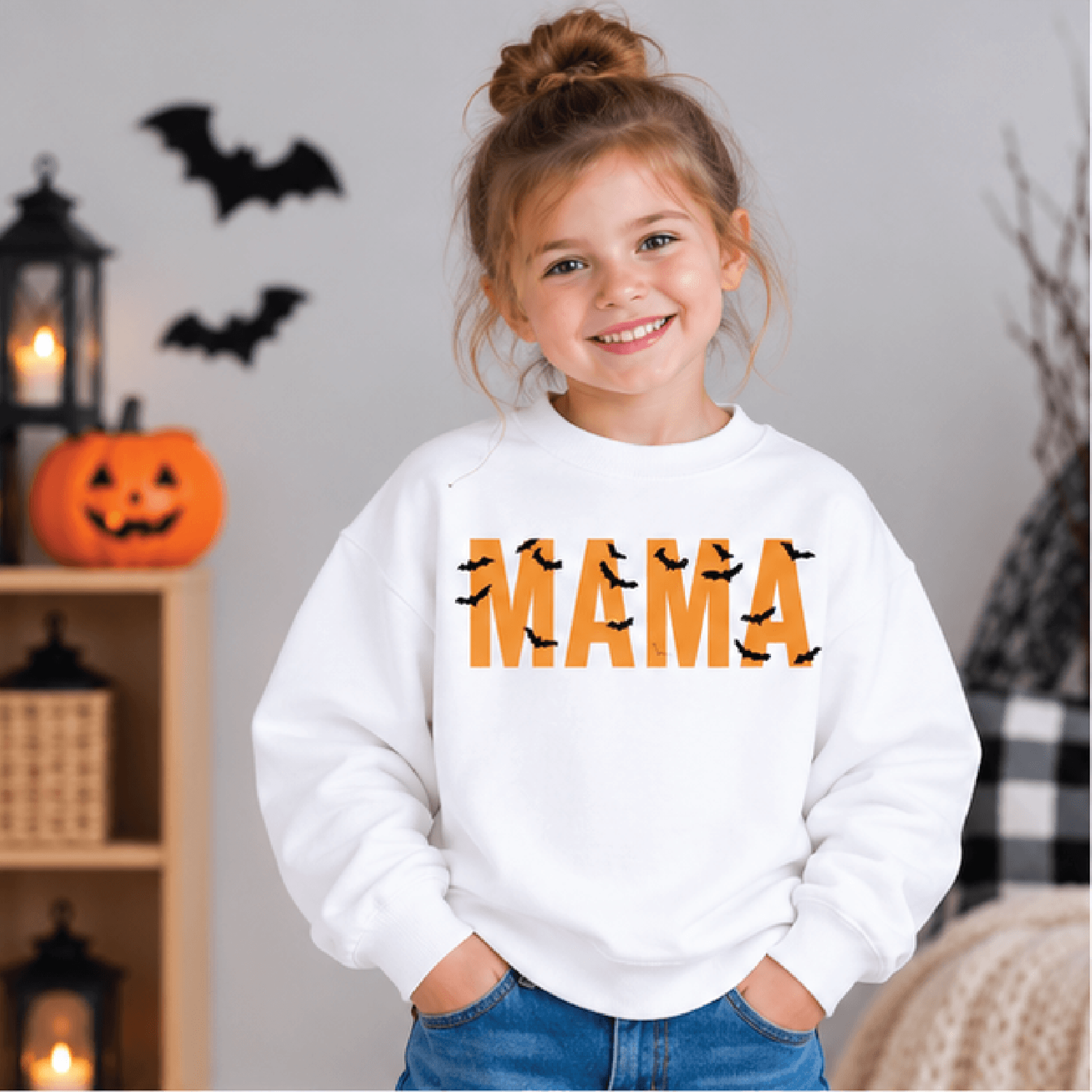 mama bats halloween sweatshirt, kids youth spooky crewneck, orange mama bat sweater, cute spooky season fall gift