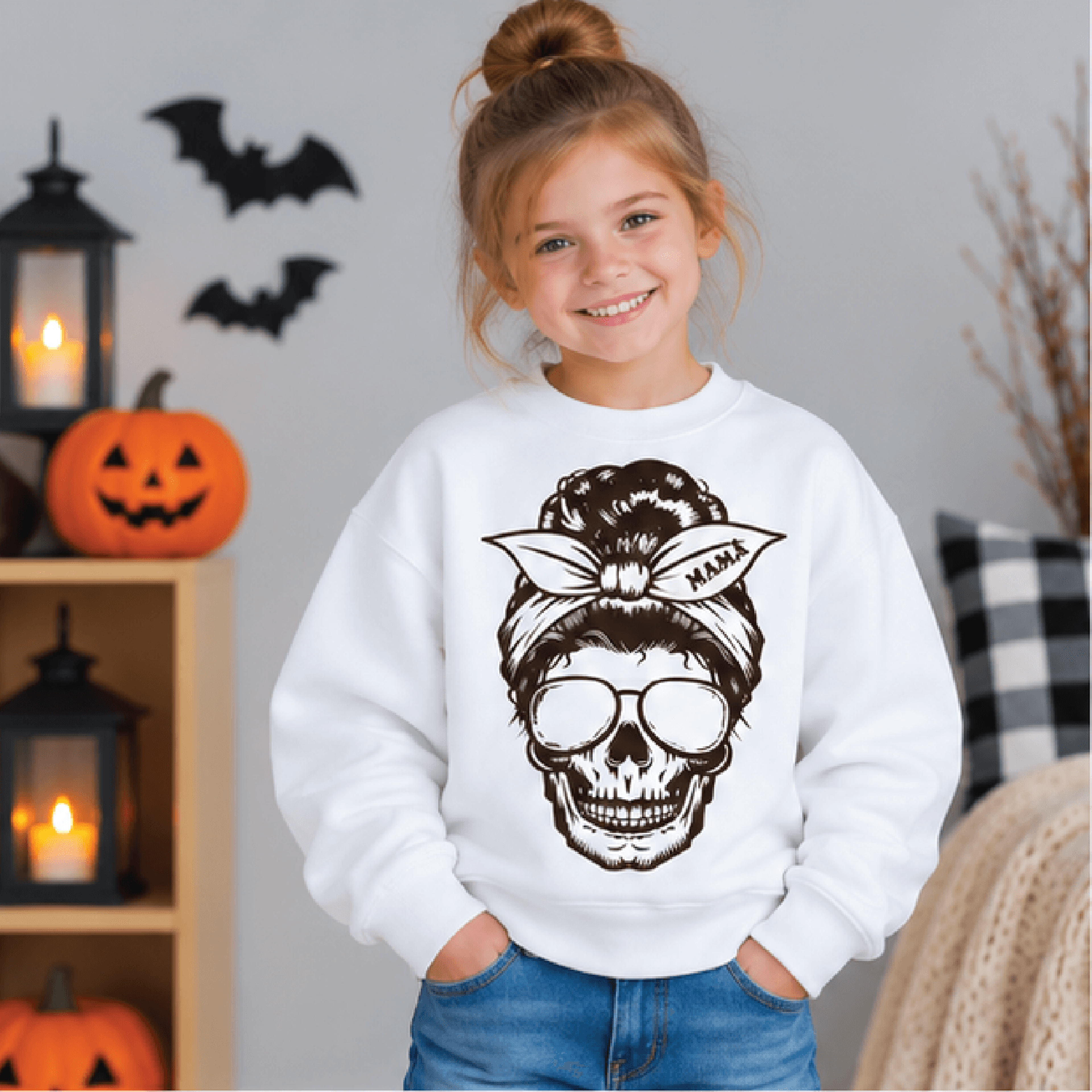 skull halloween sweatshirt, kids youth unisex spooky skeleton crewneck, cool retro skull sweater, halloween fall gift