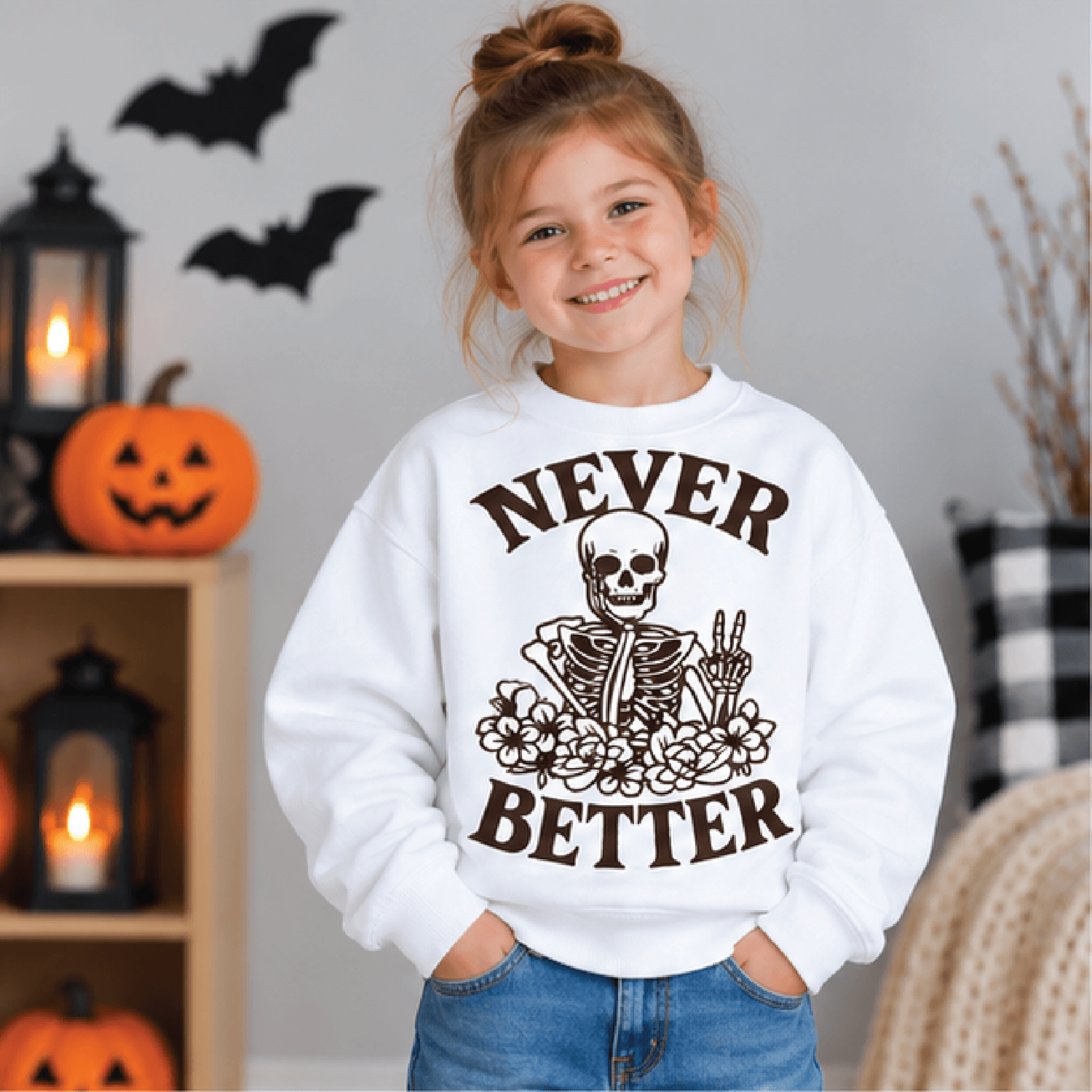 never better skeleton halloween sweatshirt, kids youth unisex spooky skelly crewneck, floral skeleton fall sweater gift