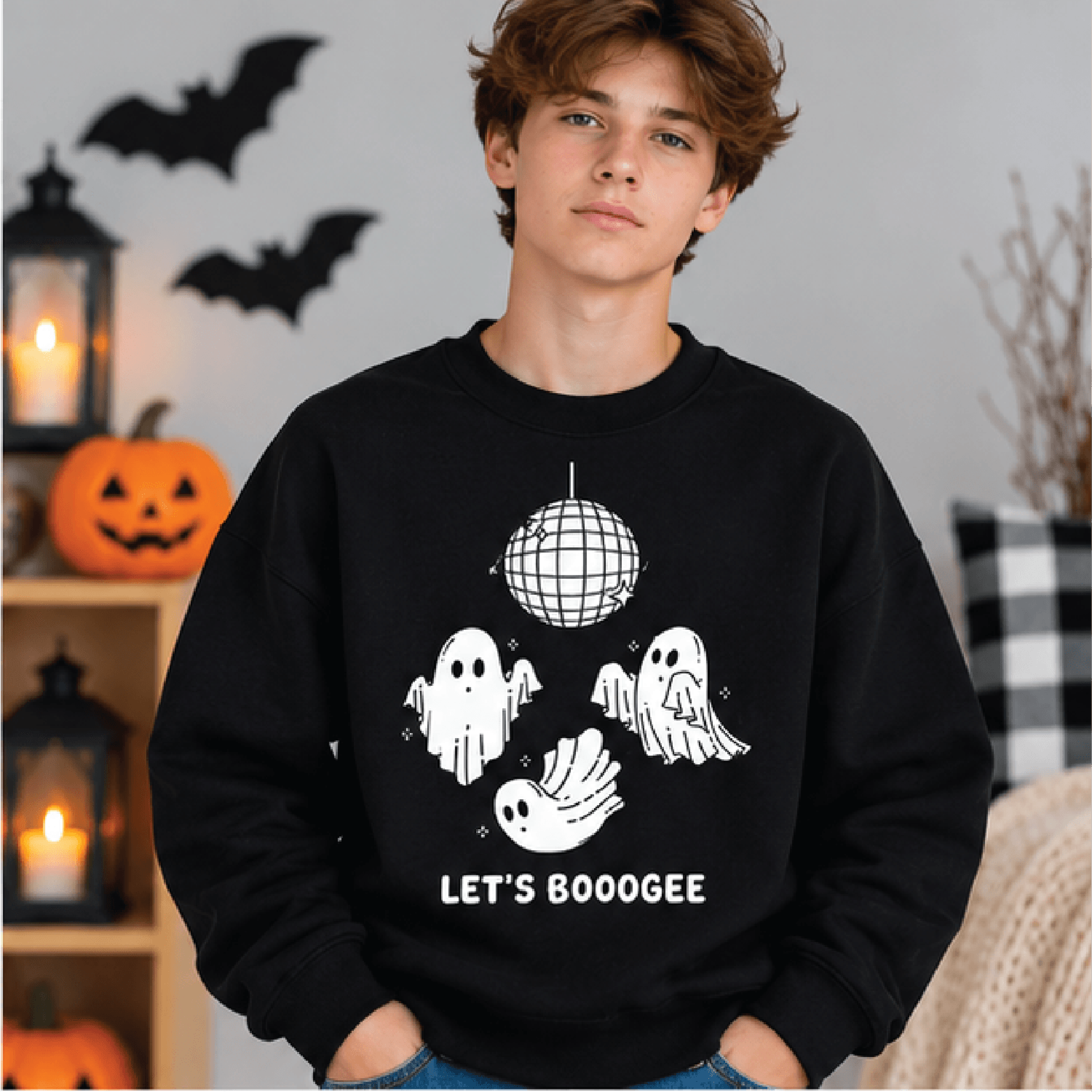 let's boogee halloween sweatshirt, kids youth unisex ghost crewneck, disco ball spooky sweater, cute halloween fall gift